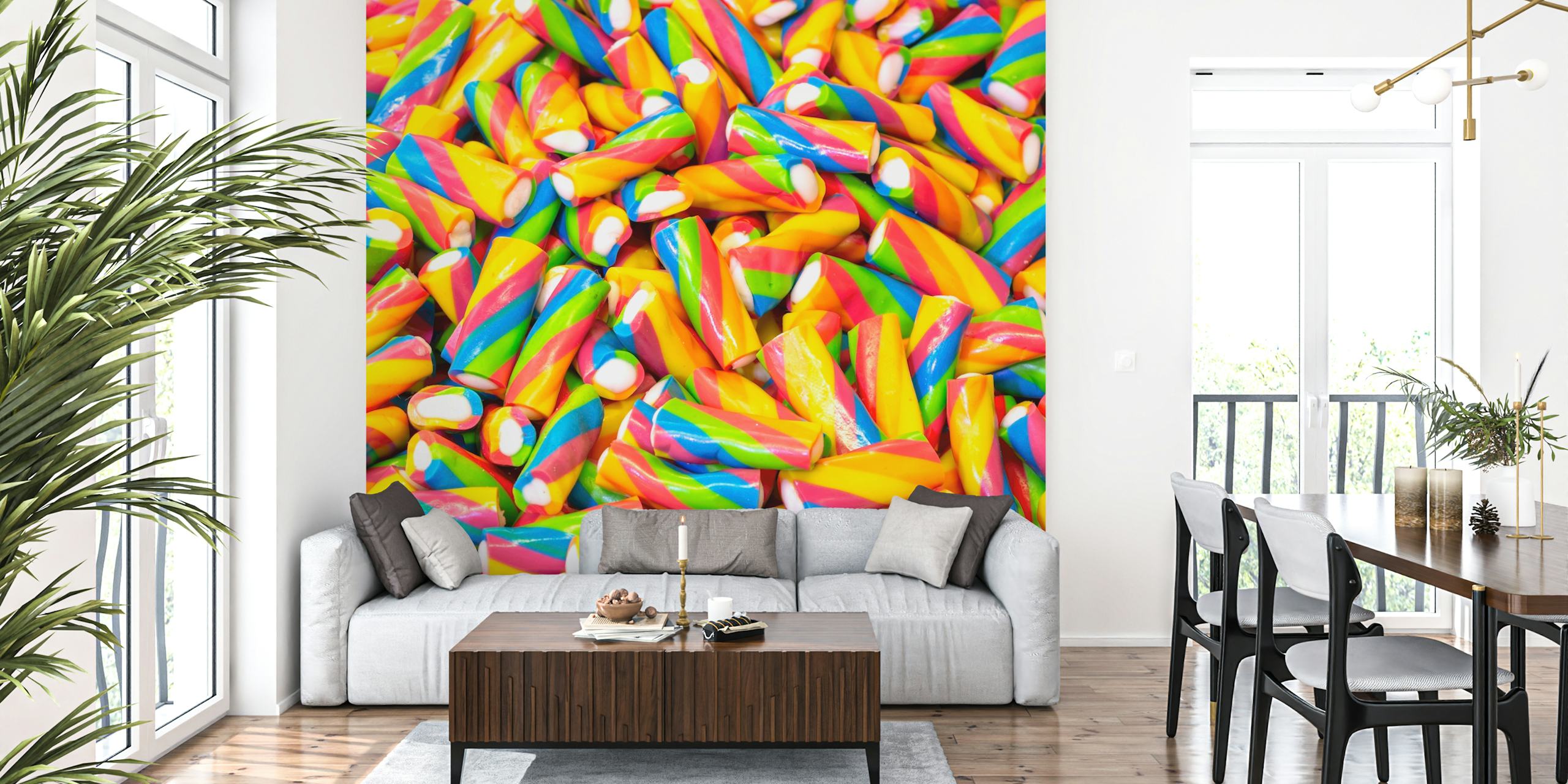 Colorful candy-striped design in bright yellow, red, blue, and green wallpaper