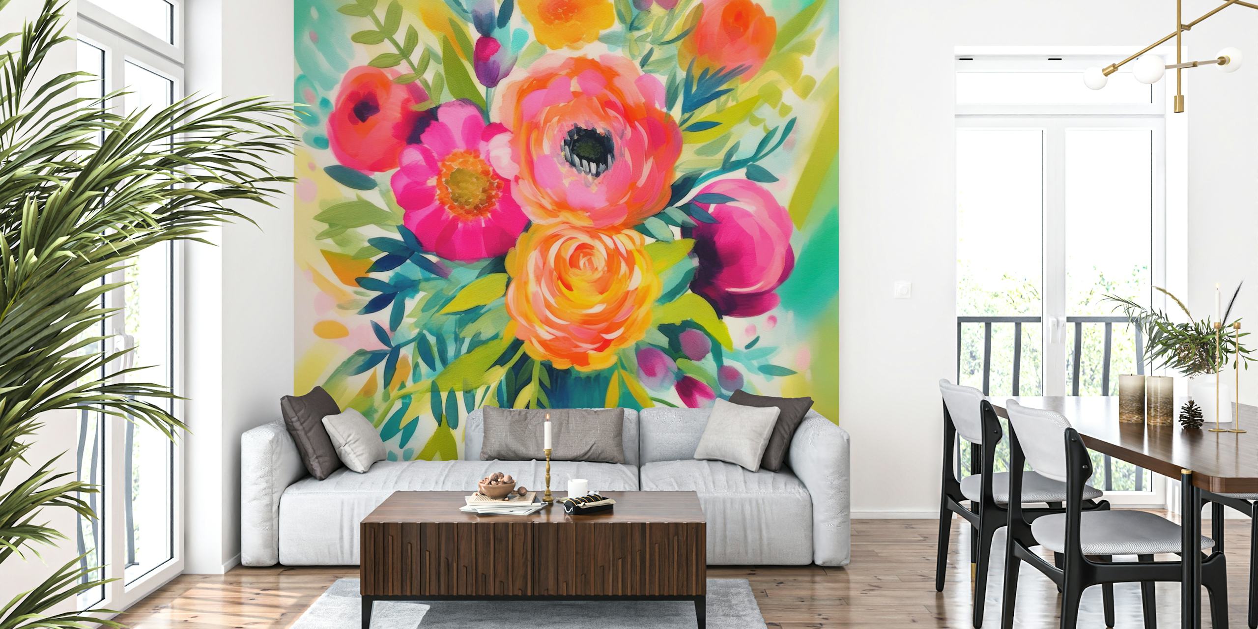 Colorful floral arrangement in vase with pink, orange, and green hues wallpaper