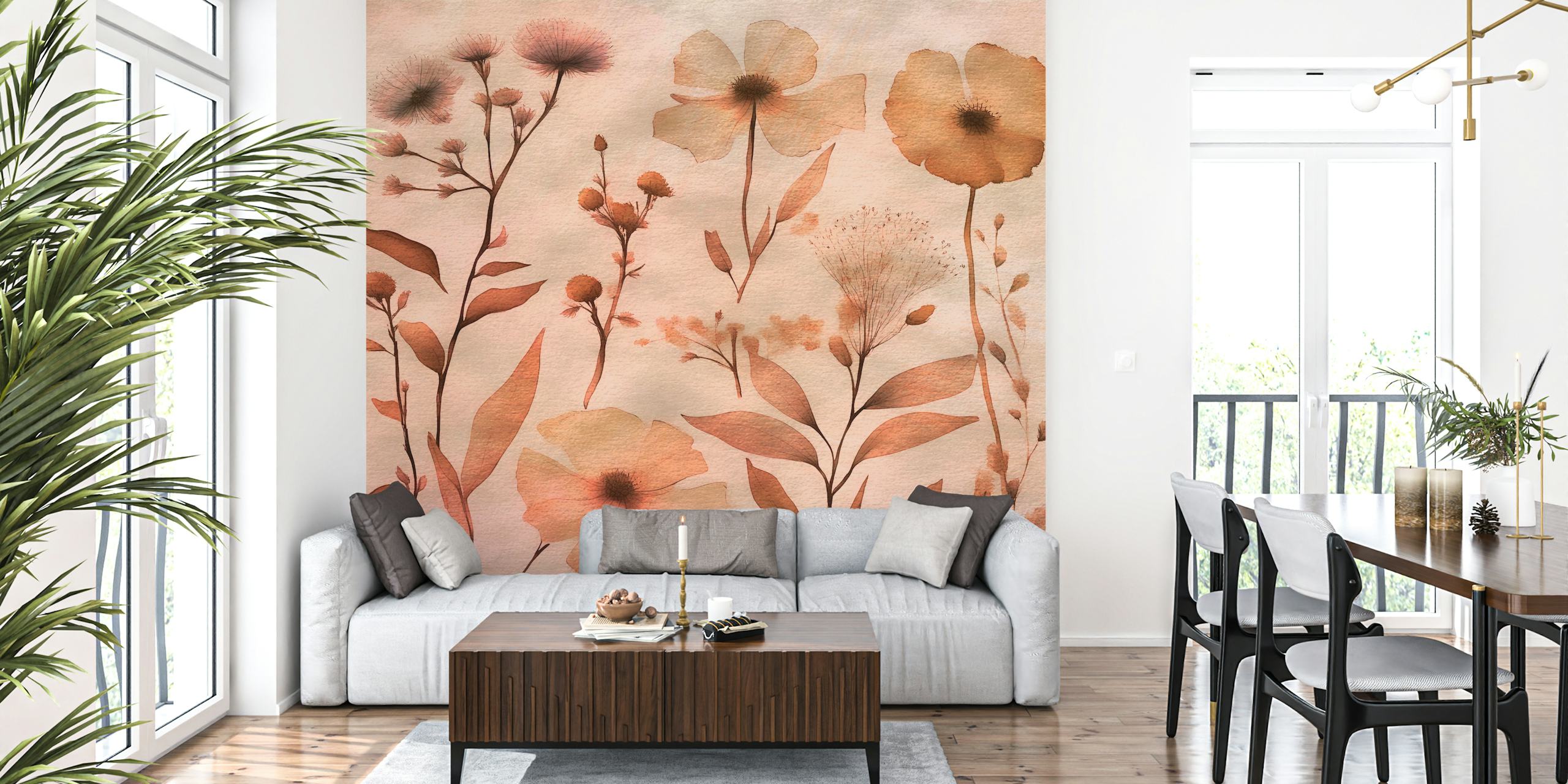 Peach Japan Flowers Painting zidna slika s mekim akvarelnim cvjetnim motivima u boji breskve i tamnosmeđe