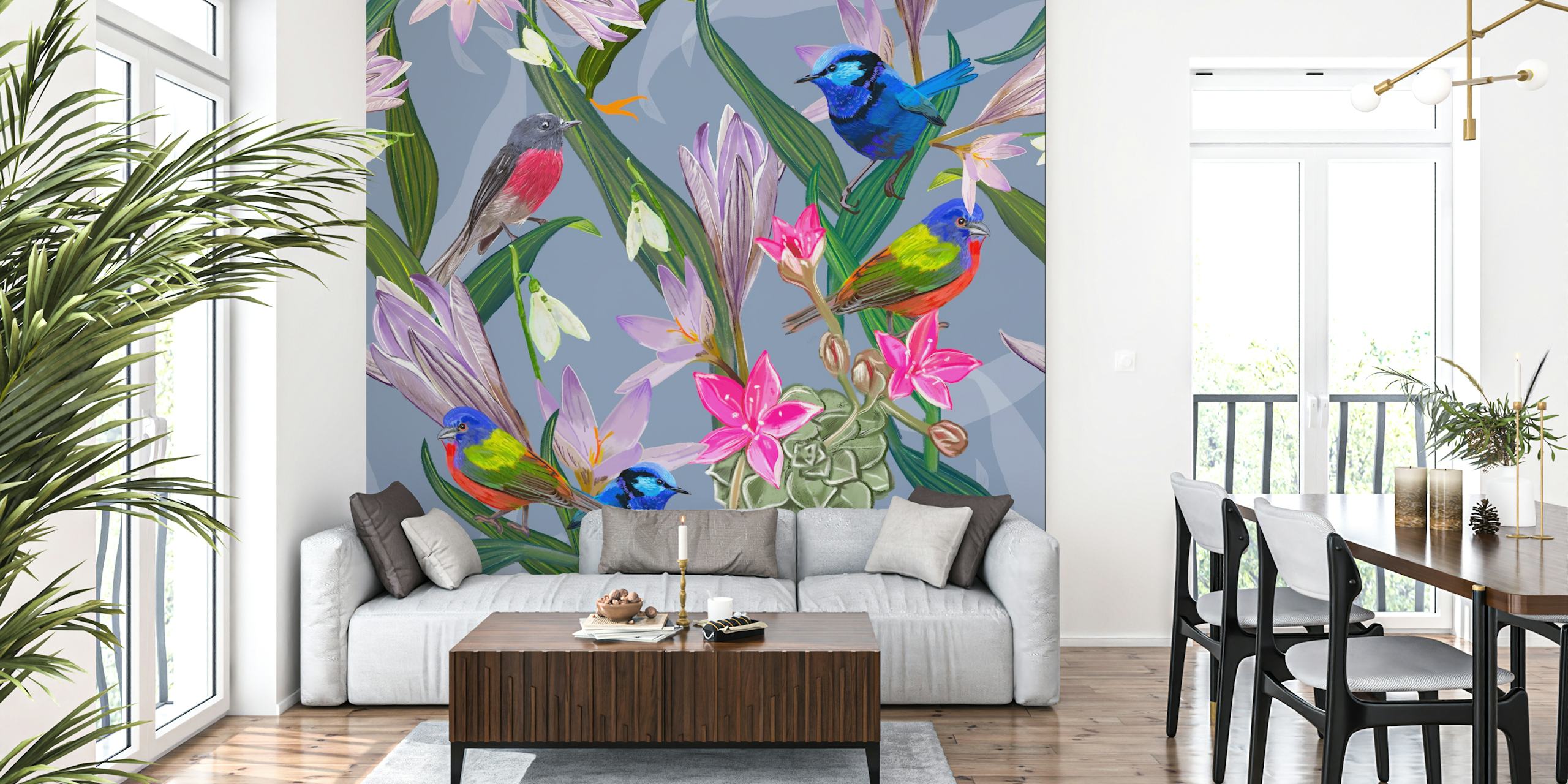 Colorful birds among flowers and leaves wallpaper