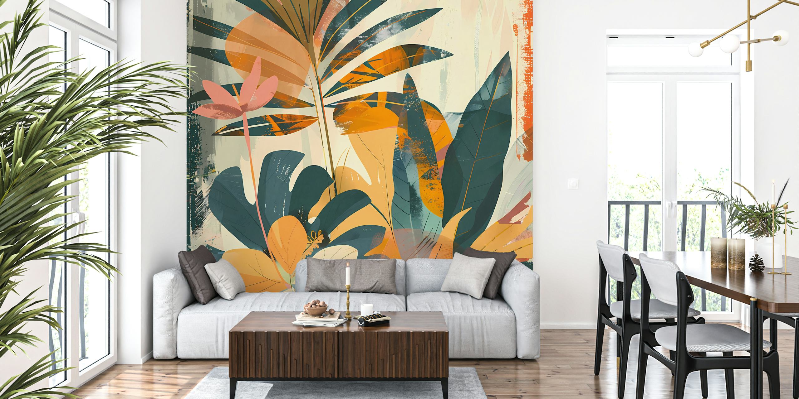 Barevná abstraktní nástěnná malba tropické zahrady s živými botanickými prvky