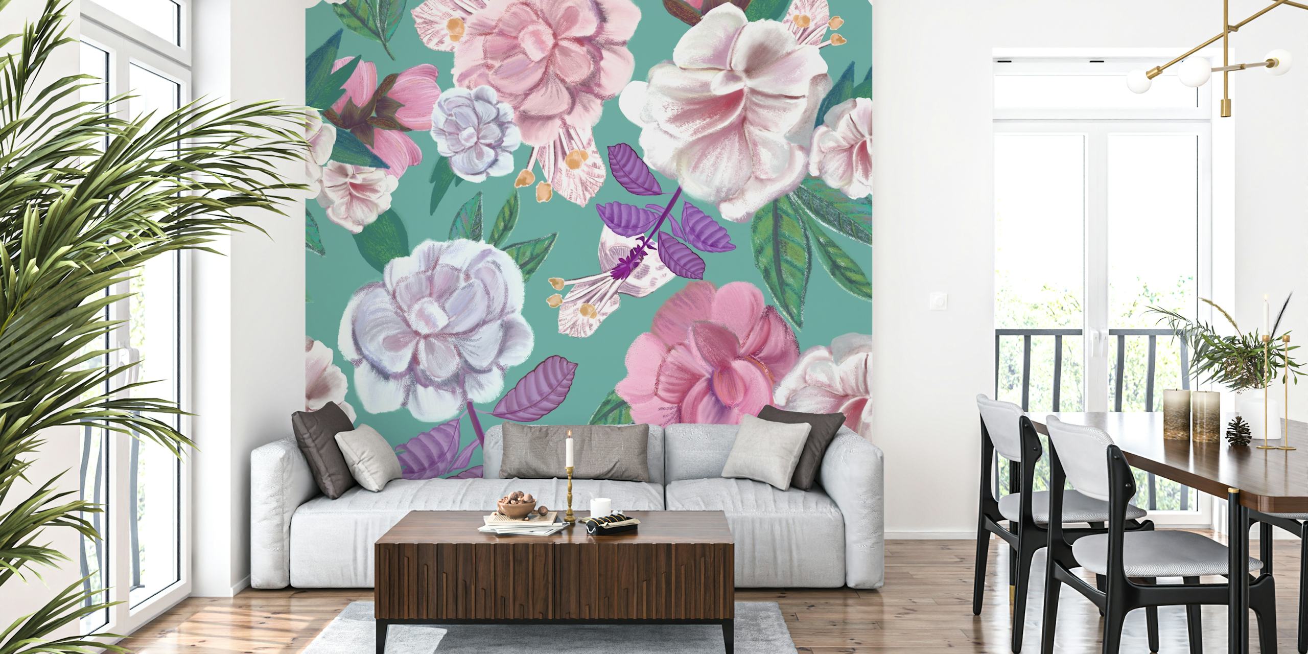 Basil flowers and roses in soft pink and white on turquoise wallpaper