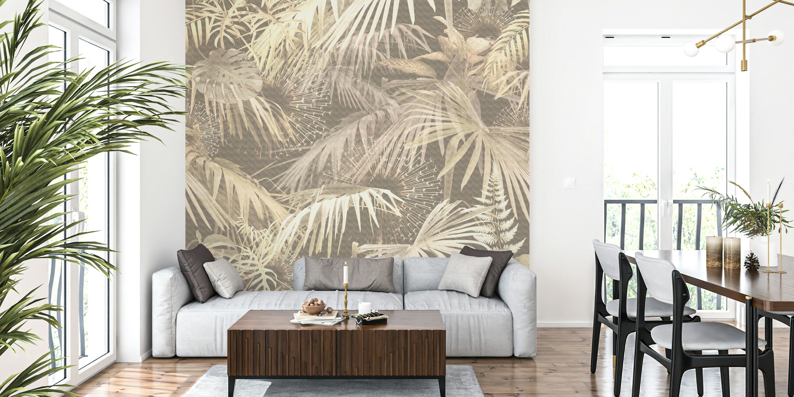 Neutral tropical leaf pattern wall mural