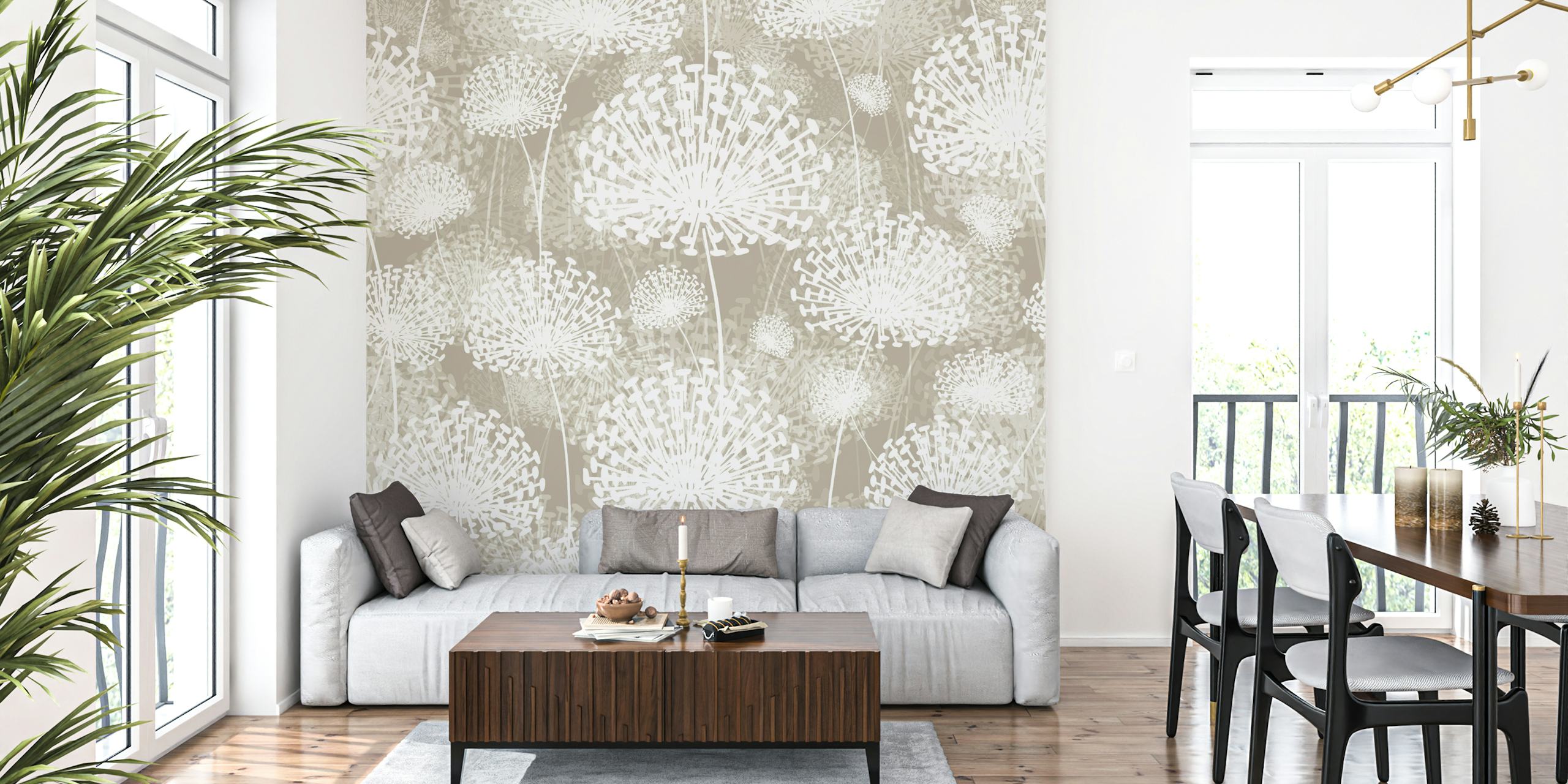 Beige floral dandelion pattern wallpaper