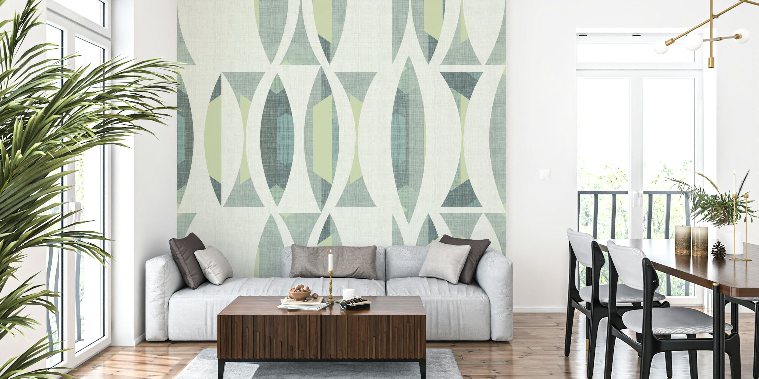 Geometric pattern in muted greens and blues on white wallpaper