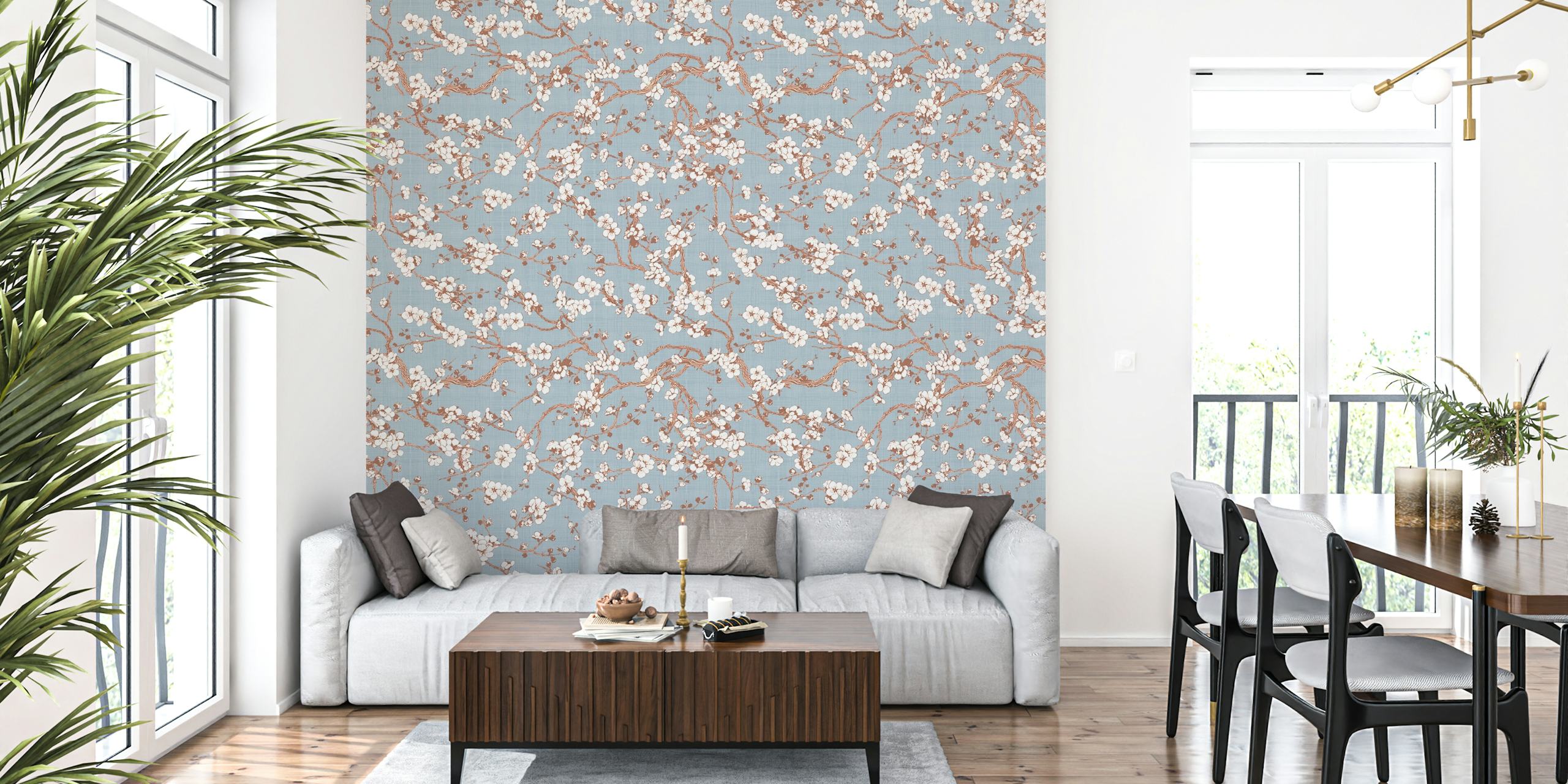 Blue background with white cherry blossoms and branches wallpaper
