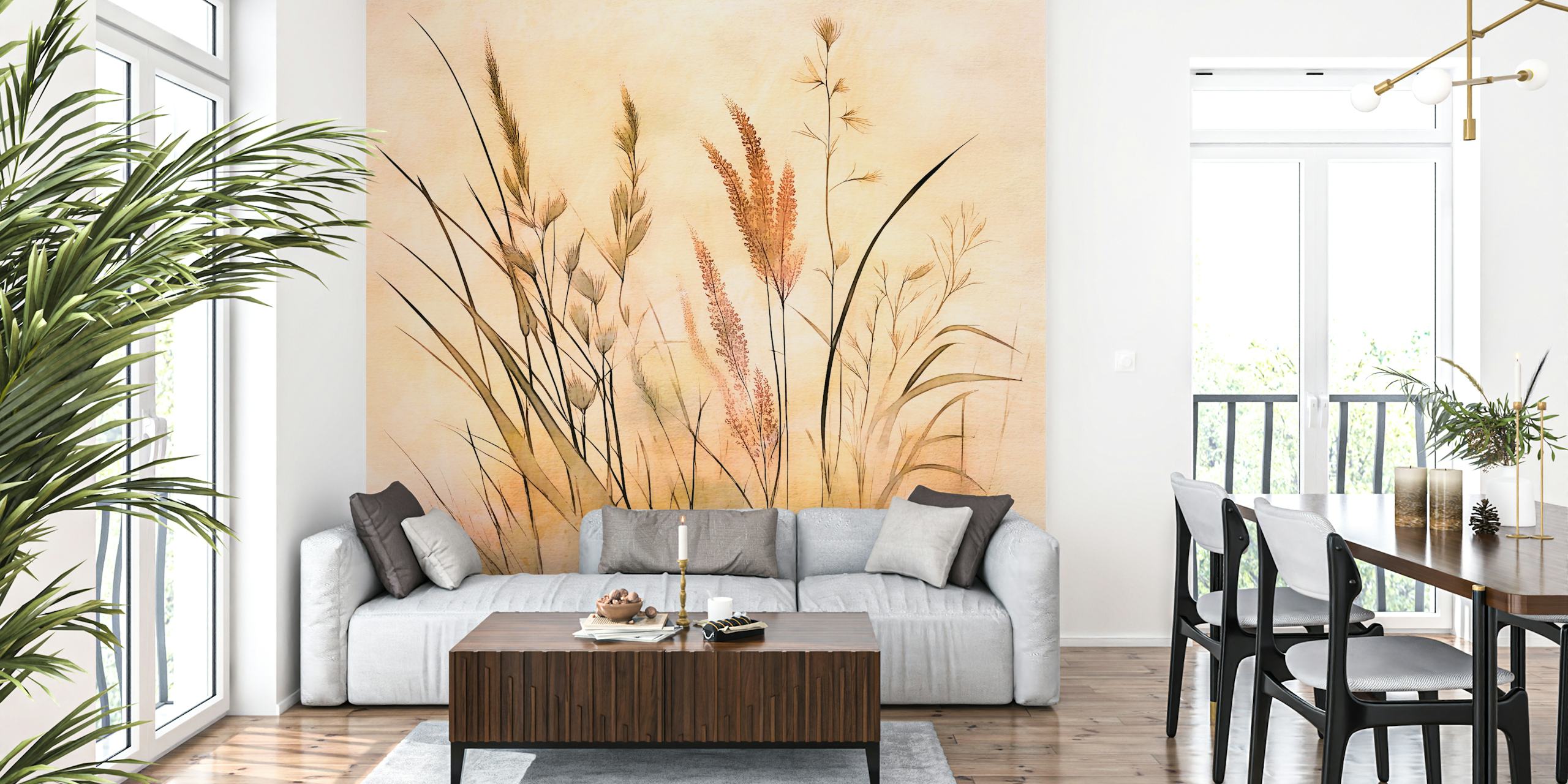 Papel de parede Flower Grass Sun em um ambiente de quarto