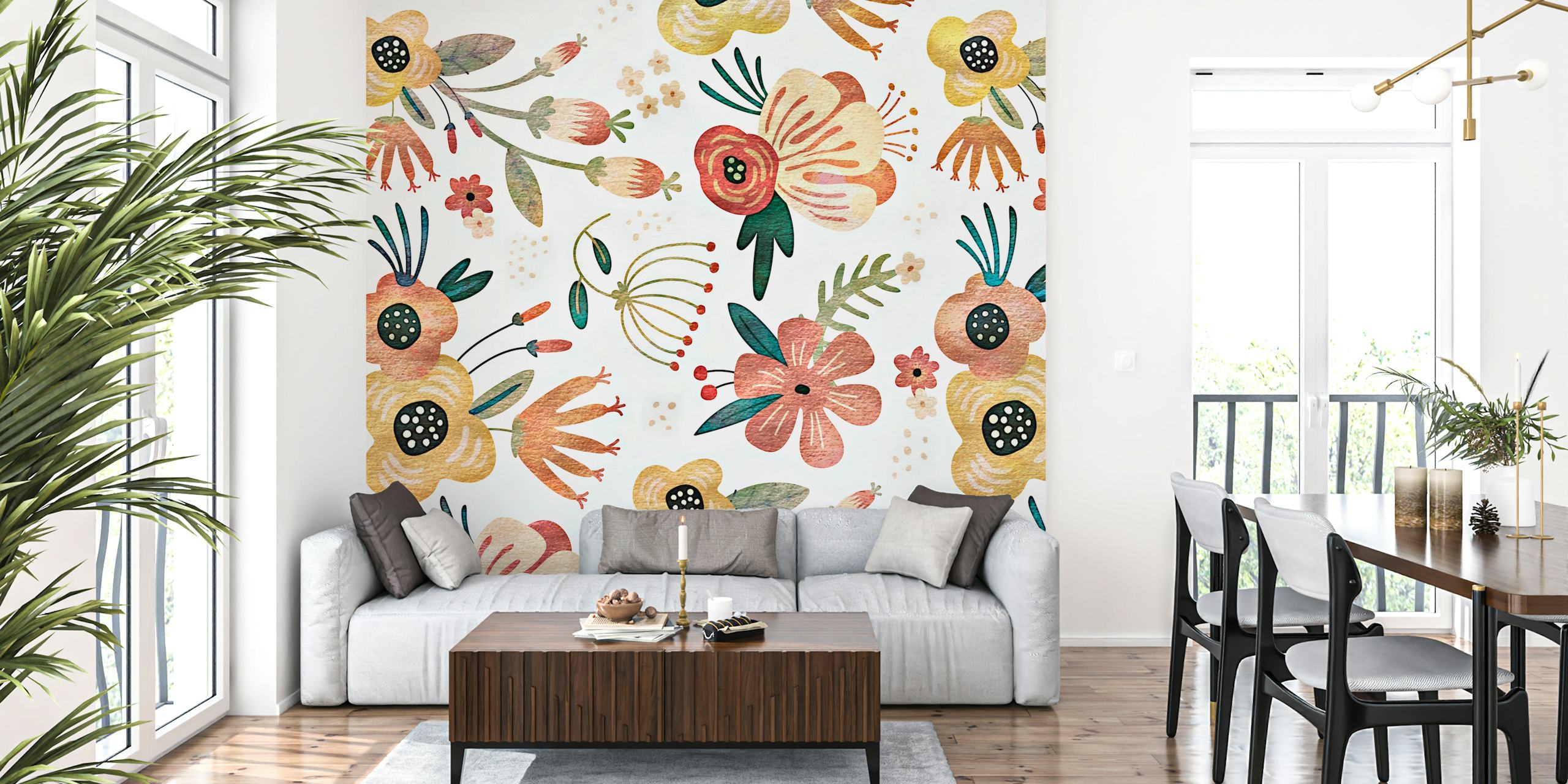 Rustic Floral Watercolor wall mural with soft pastel flowers