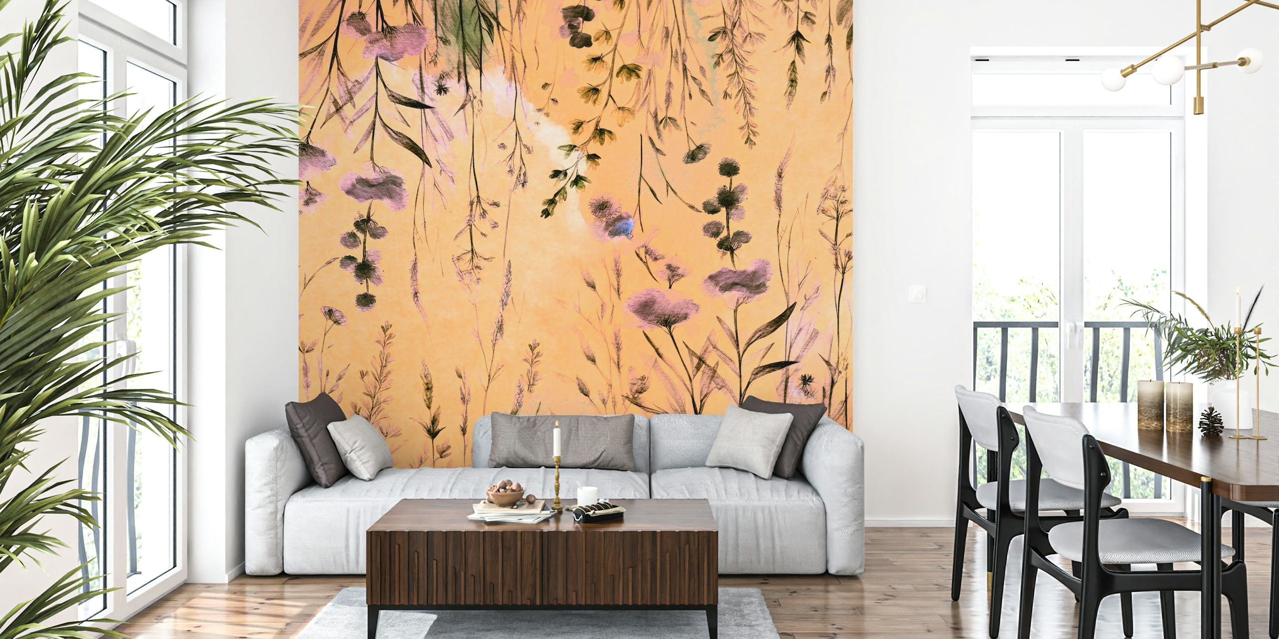 Antique Rustic Hanging Flower Meadow wall mural with a warm vintage background and delicate floral design