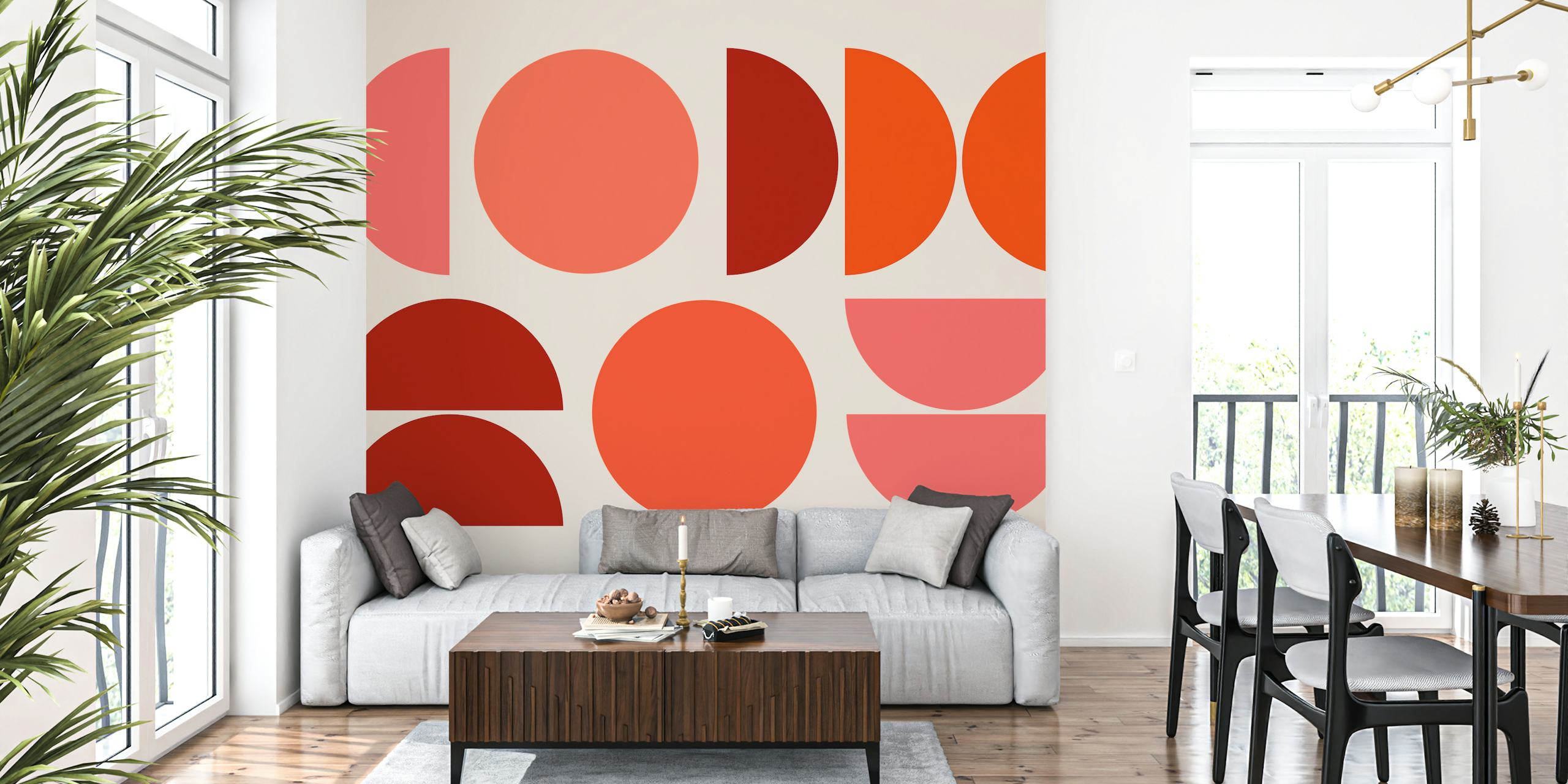 Colorful geometric shapes in red, pink, and coral on beige wallpaper