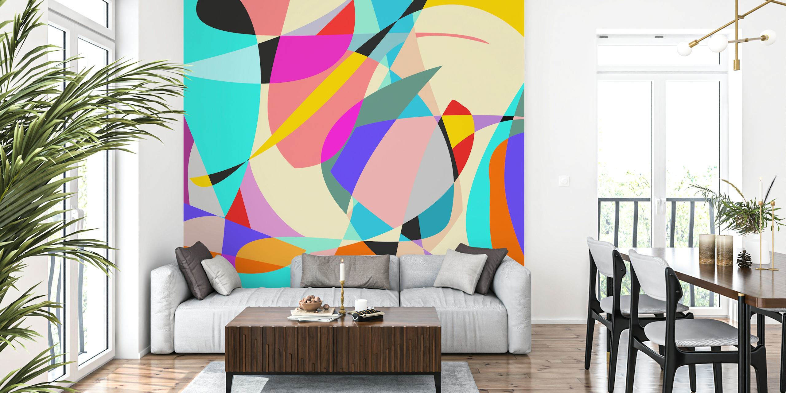 Diseño de mural de pared colorido abstracto con formas dinámicas y colores vivos.