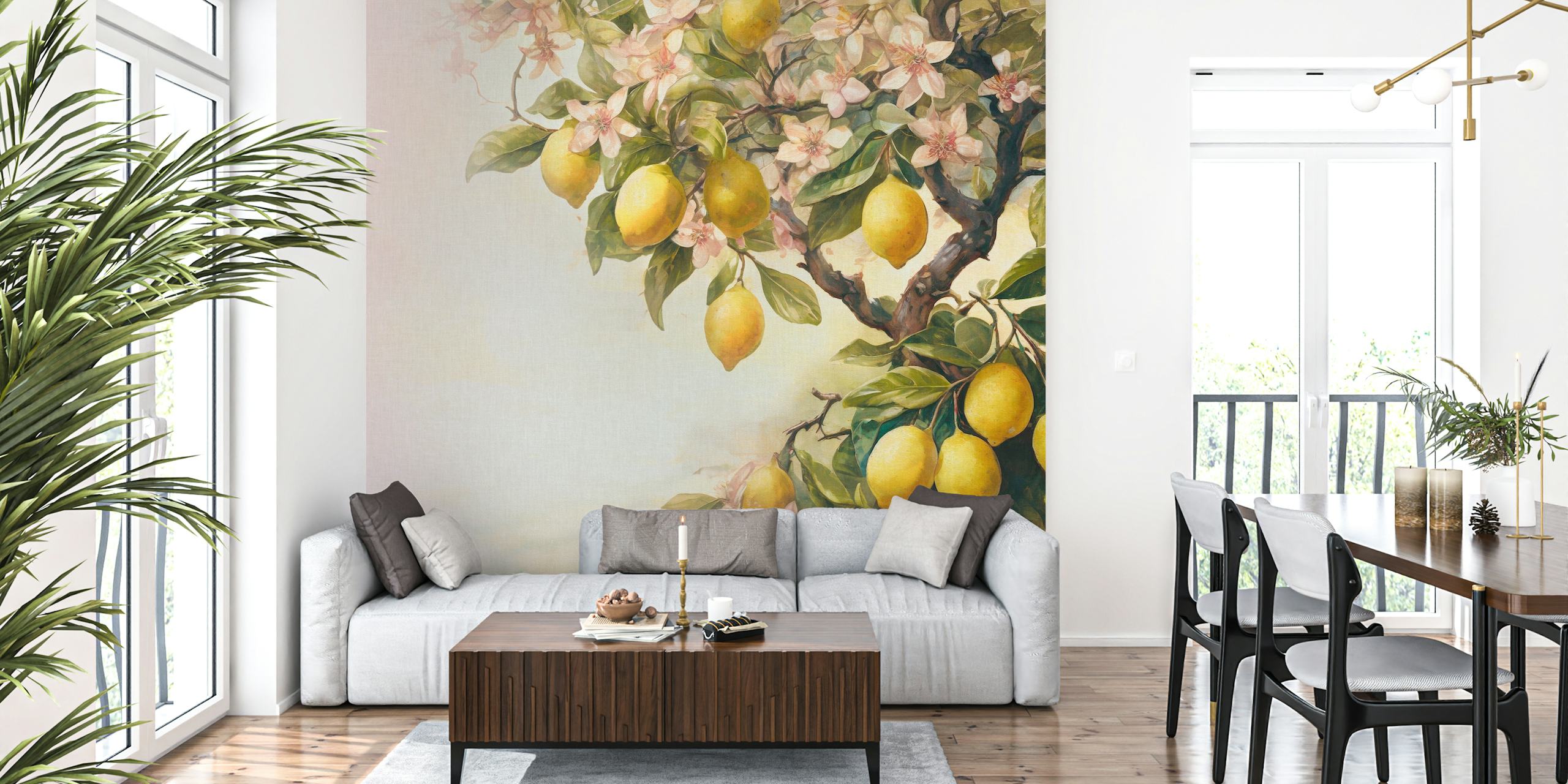 Fototapet av ett citronträd med mogna citroner och blommor i mjuka vintagetoner