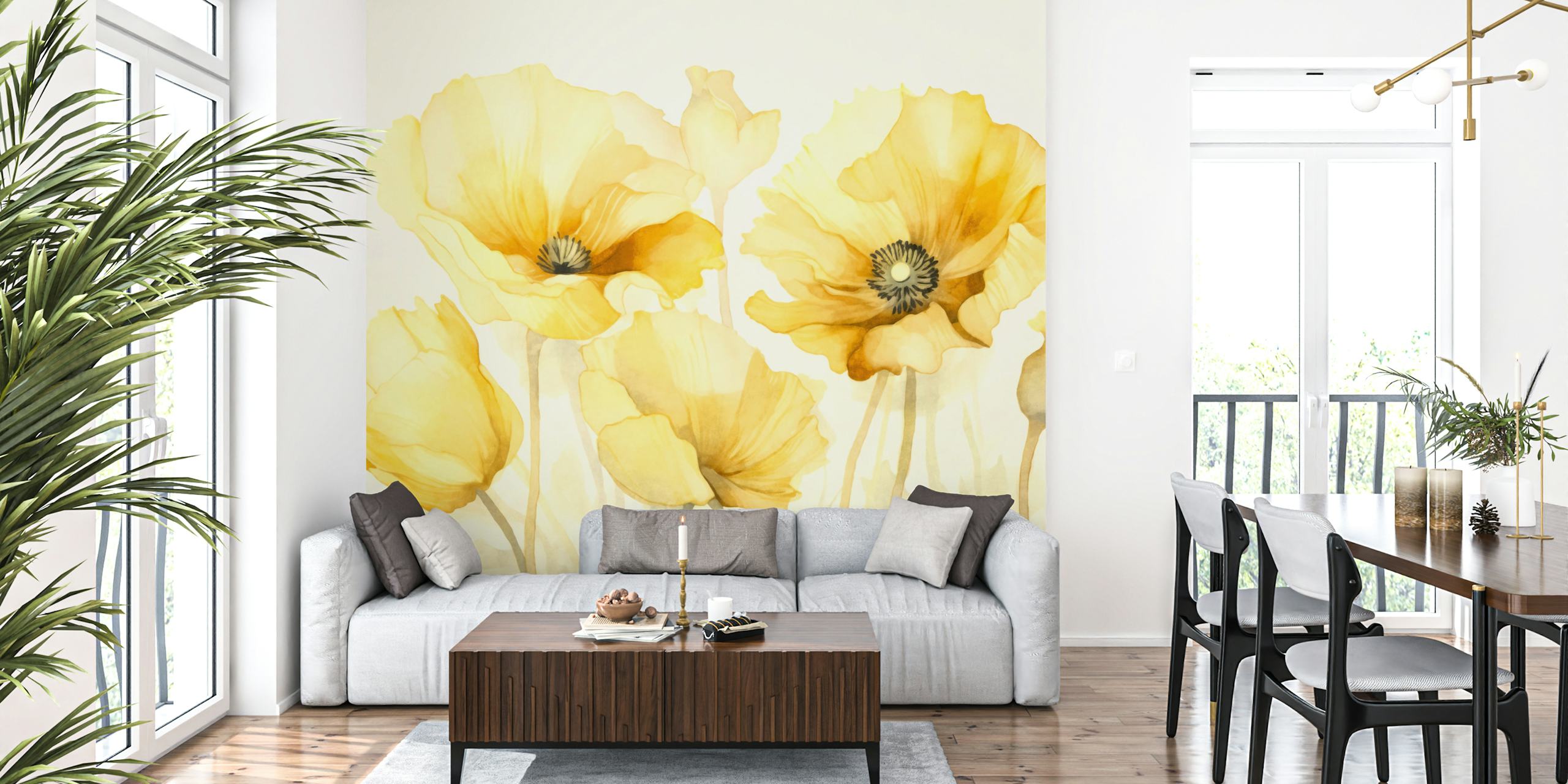 Gule valmueblomster på et lyst baggrundsvægmaleri