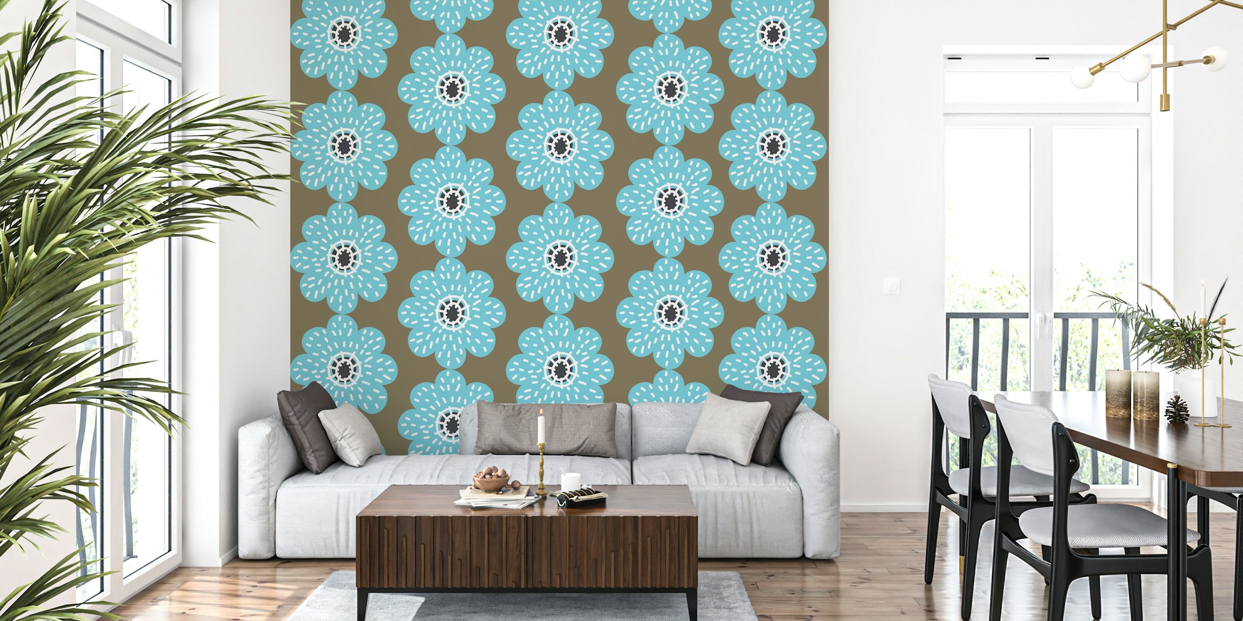 Coffee Brown Sea Foam Floral Art τοιχογραφία με συμμετρικό λουλουδάτο μοτίβο σε μπλε και καφέ αποχρώσεις.