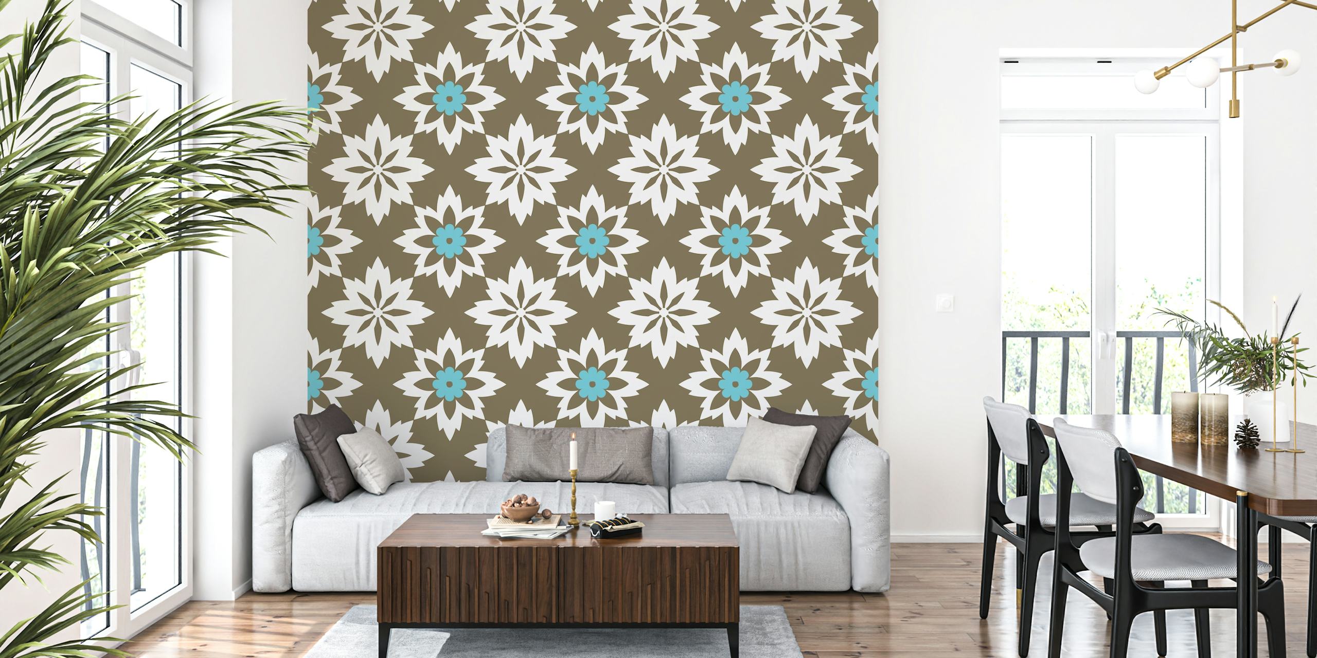 Moorish-inspired floral ornament wall mural in brown and teal blue