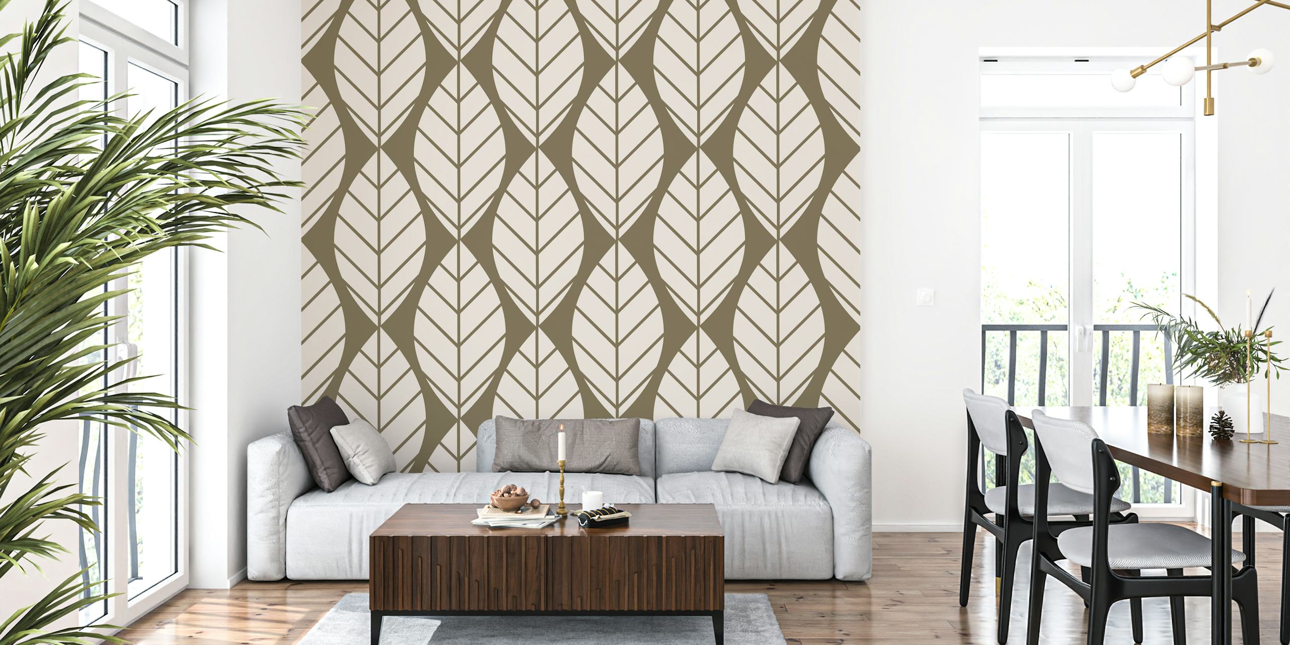 Natural beige and brown leaf pattern wall mural