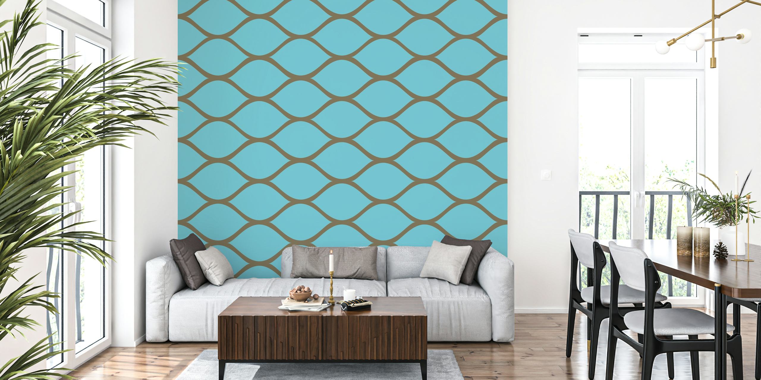 Cyan Blue Ogee Ovals wallpaper in a room