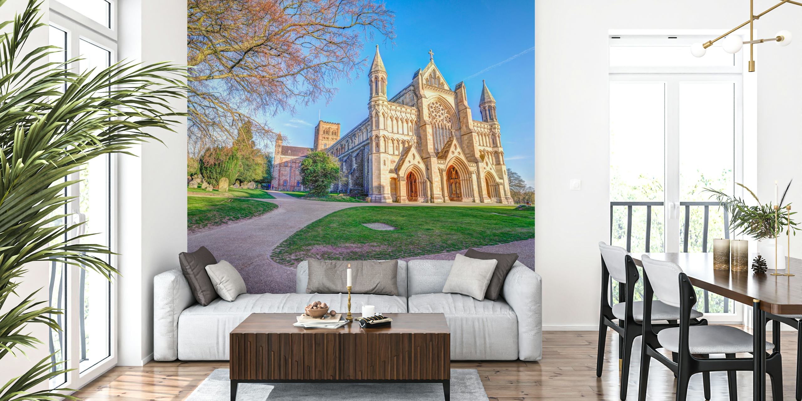 St Albance Cathedral exterior with detailed architecture and lush green surroundings wallpaper