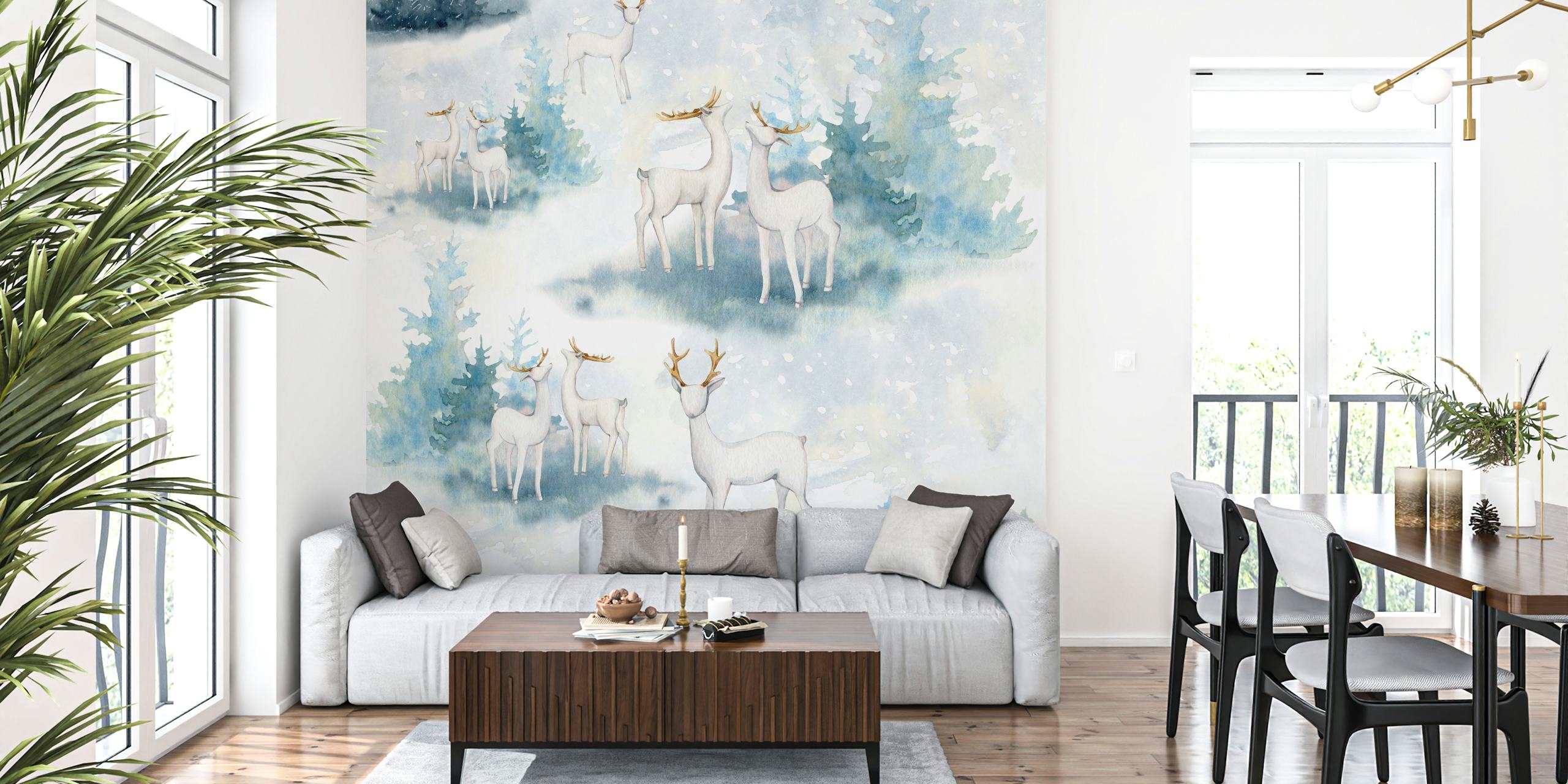 Winter forest wallpaper with deer and snow