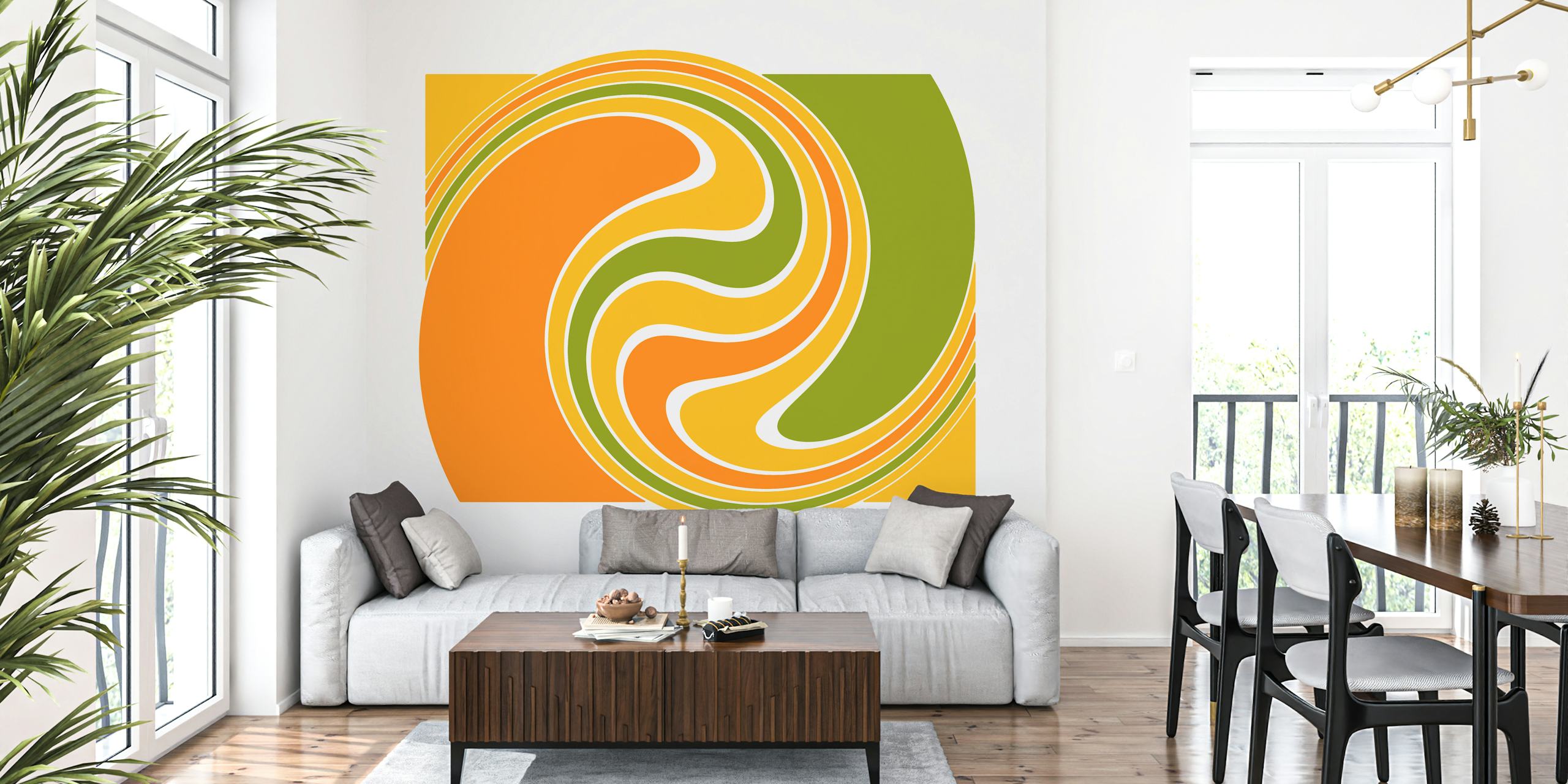 Funky Retro Geo Wave Swirl carta da parati in una stanza