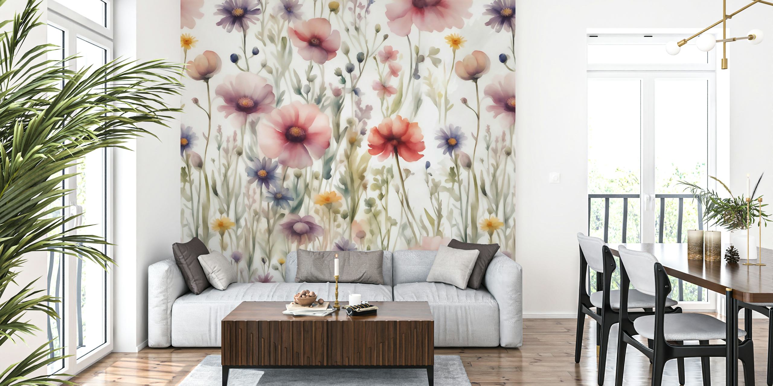 Bunte Blumen in zarten Pastellfarben auf weißem Hintergrund Wallpaper