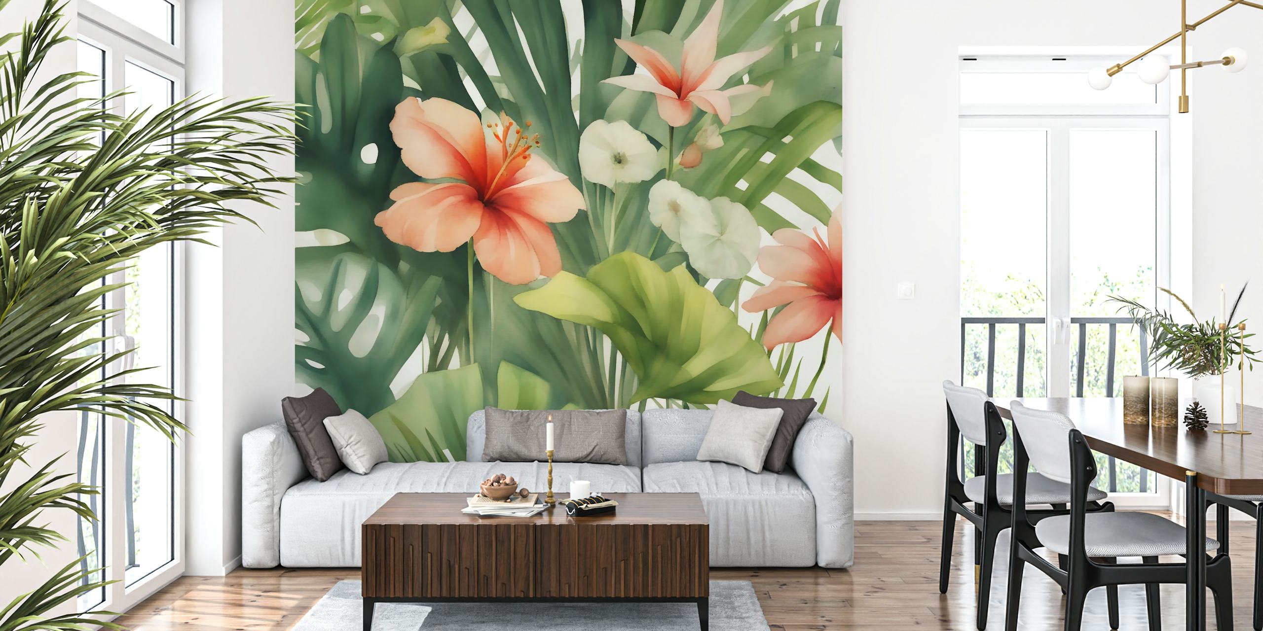 Tropical watercolor blooms wallpaper in a room