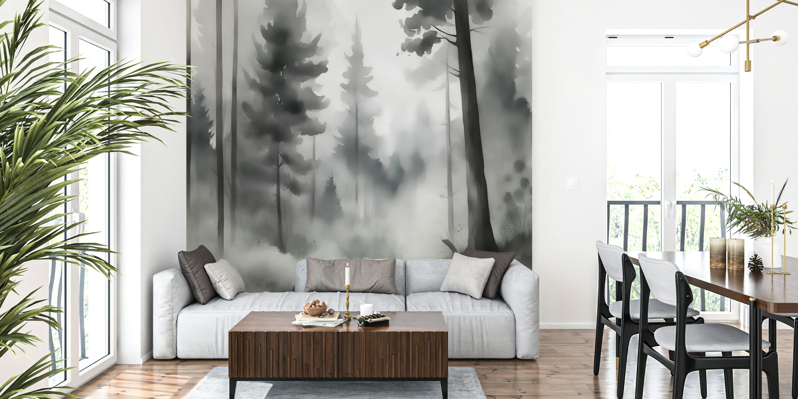 Black and white wall mural depicting a misty forest with tall trees and fog