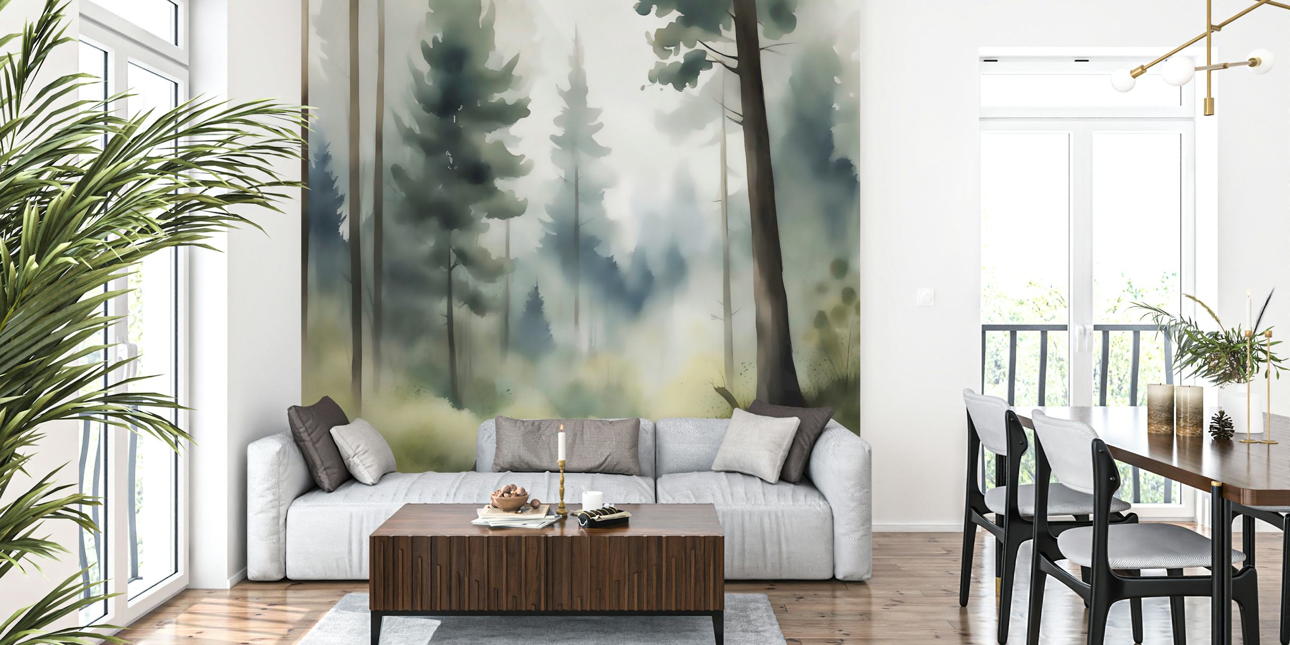 Misty forest path with trees and soft green tones wallpaper