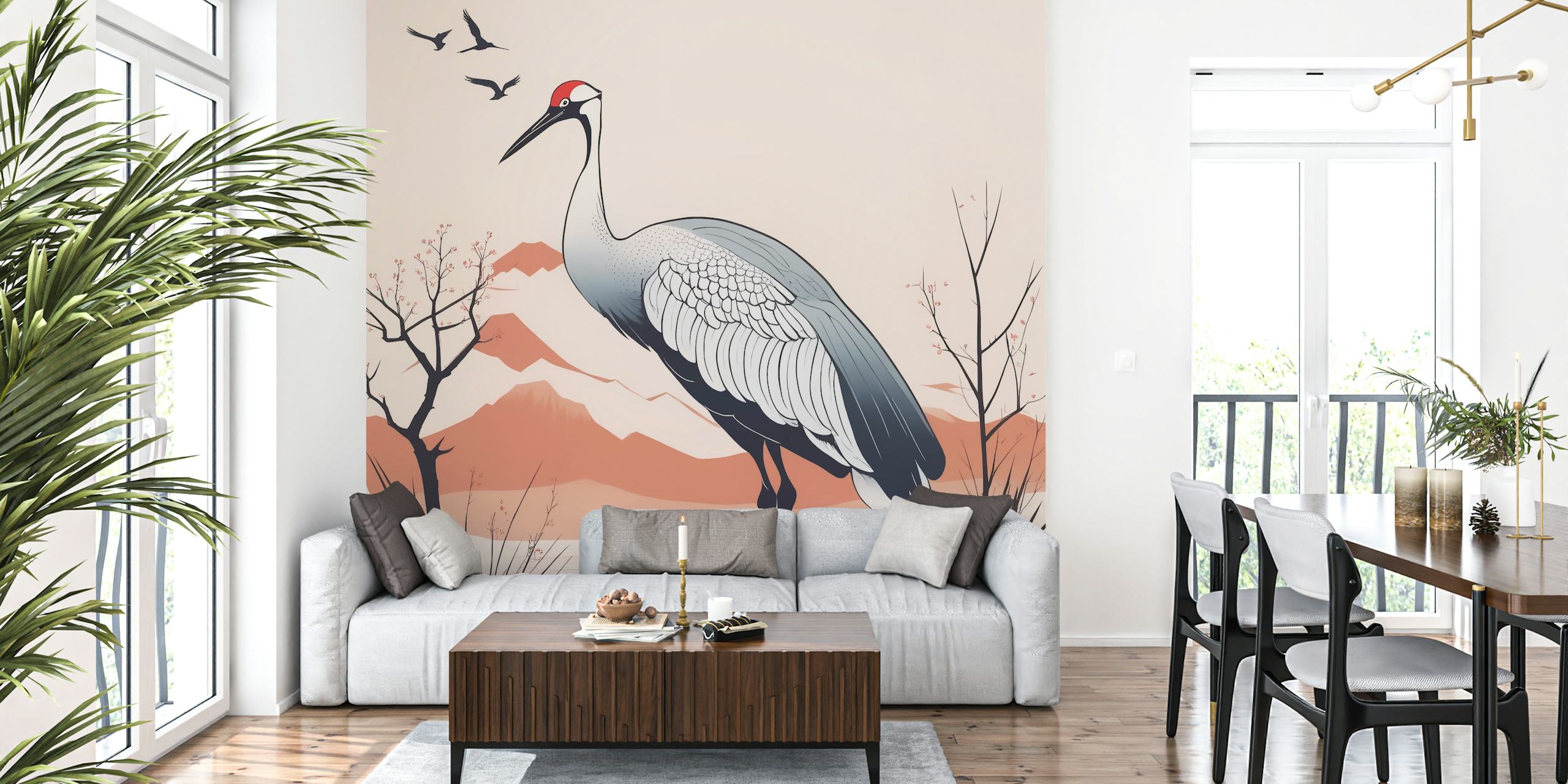 White cranes and mountain scenery with pink accents wallpaper