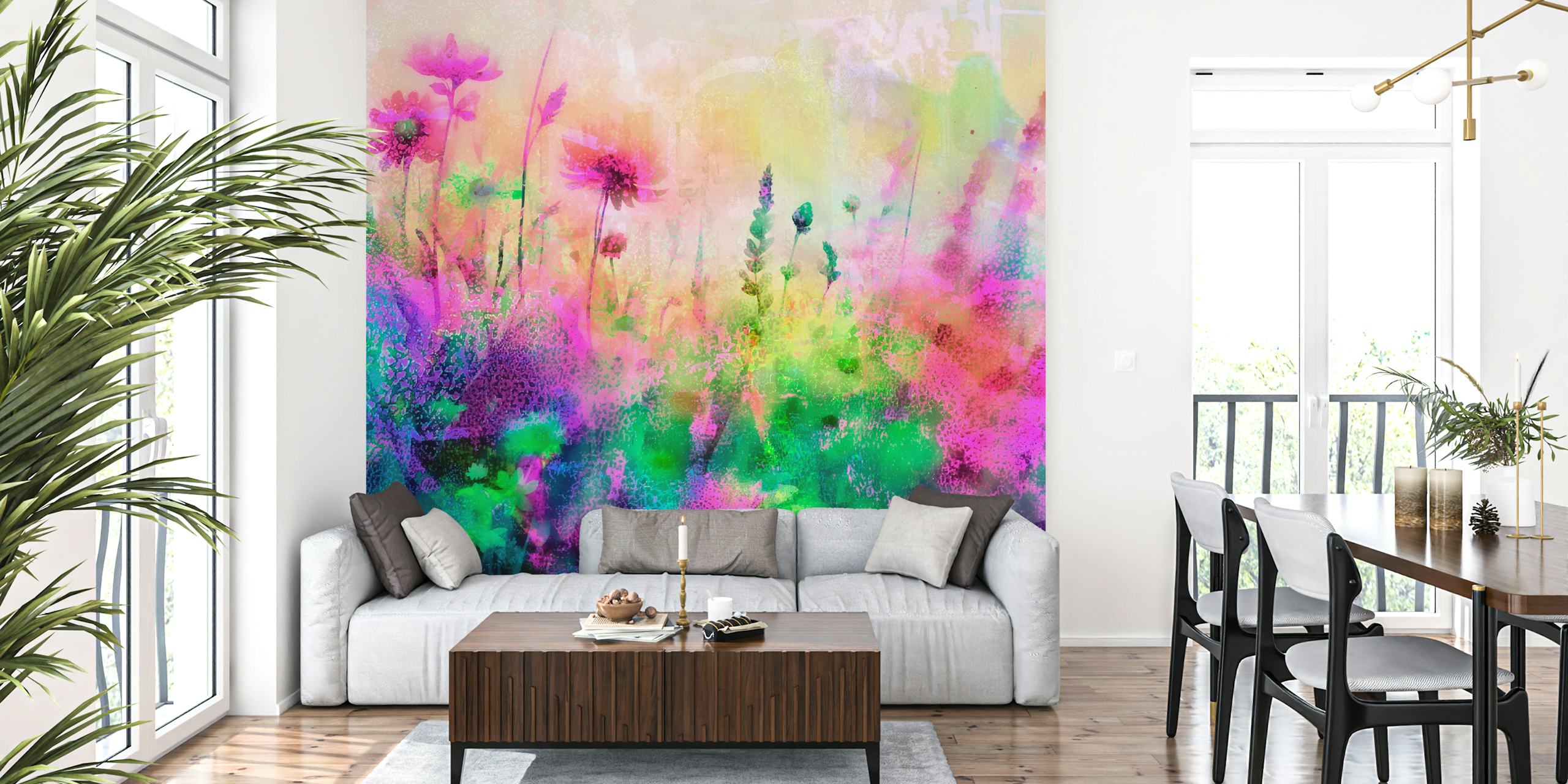 Vibrant floral design with pink and green hues wallpaper