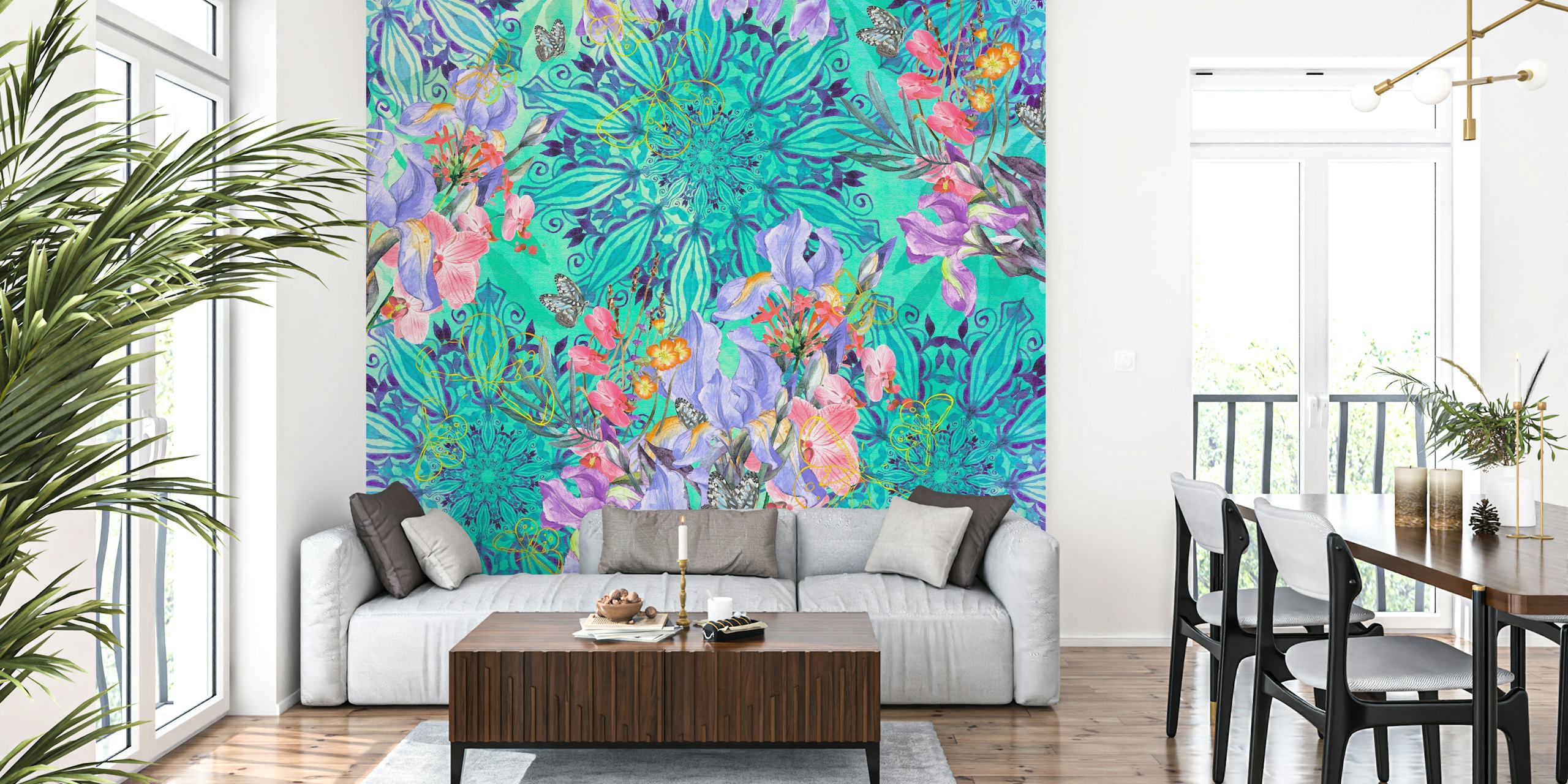 Nature among blue mandalas Tapete in einem Raum