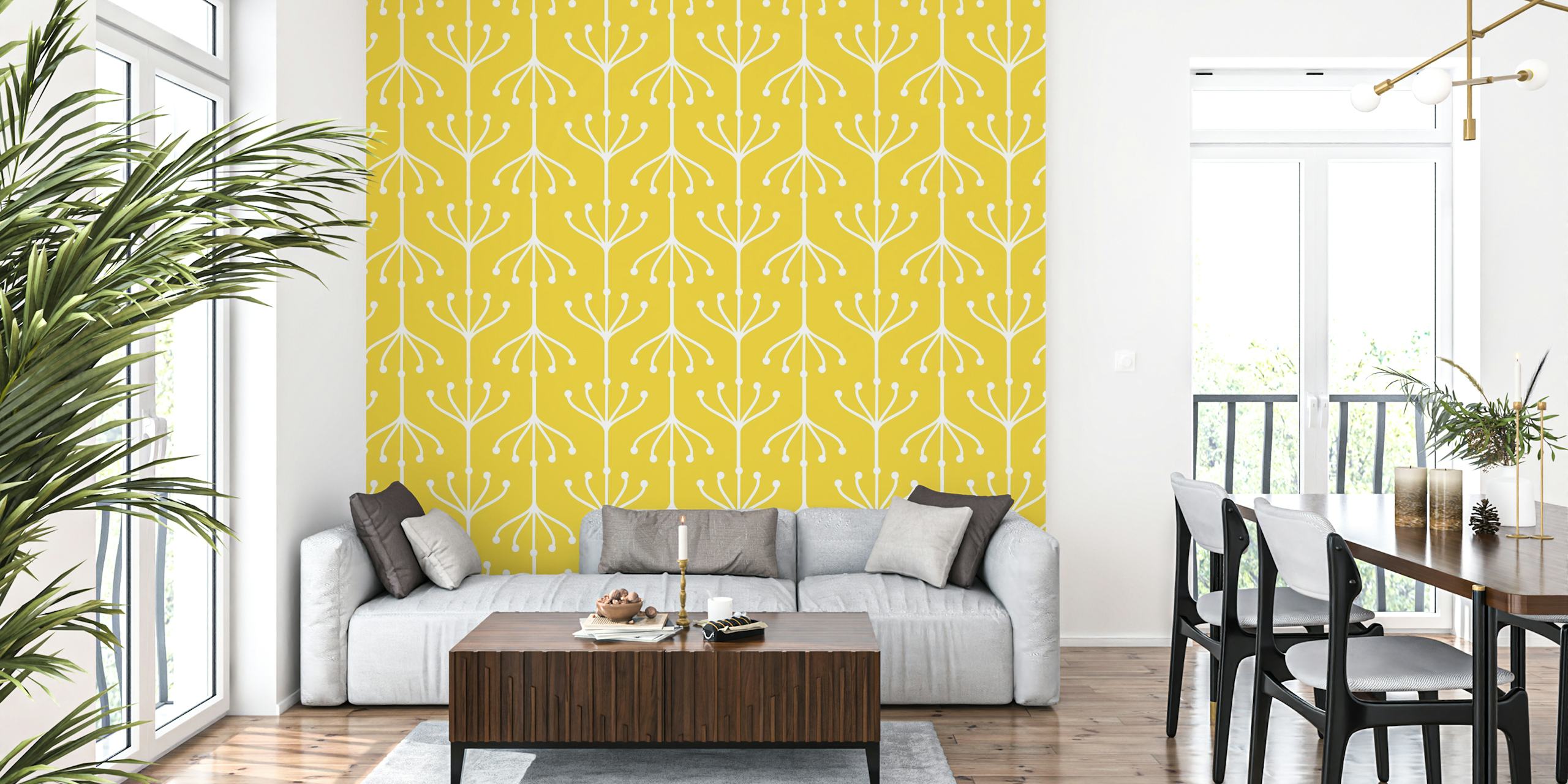 Papel de parede com padrão Plant Ornament amarelo e branco