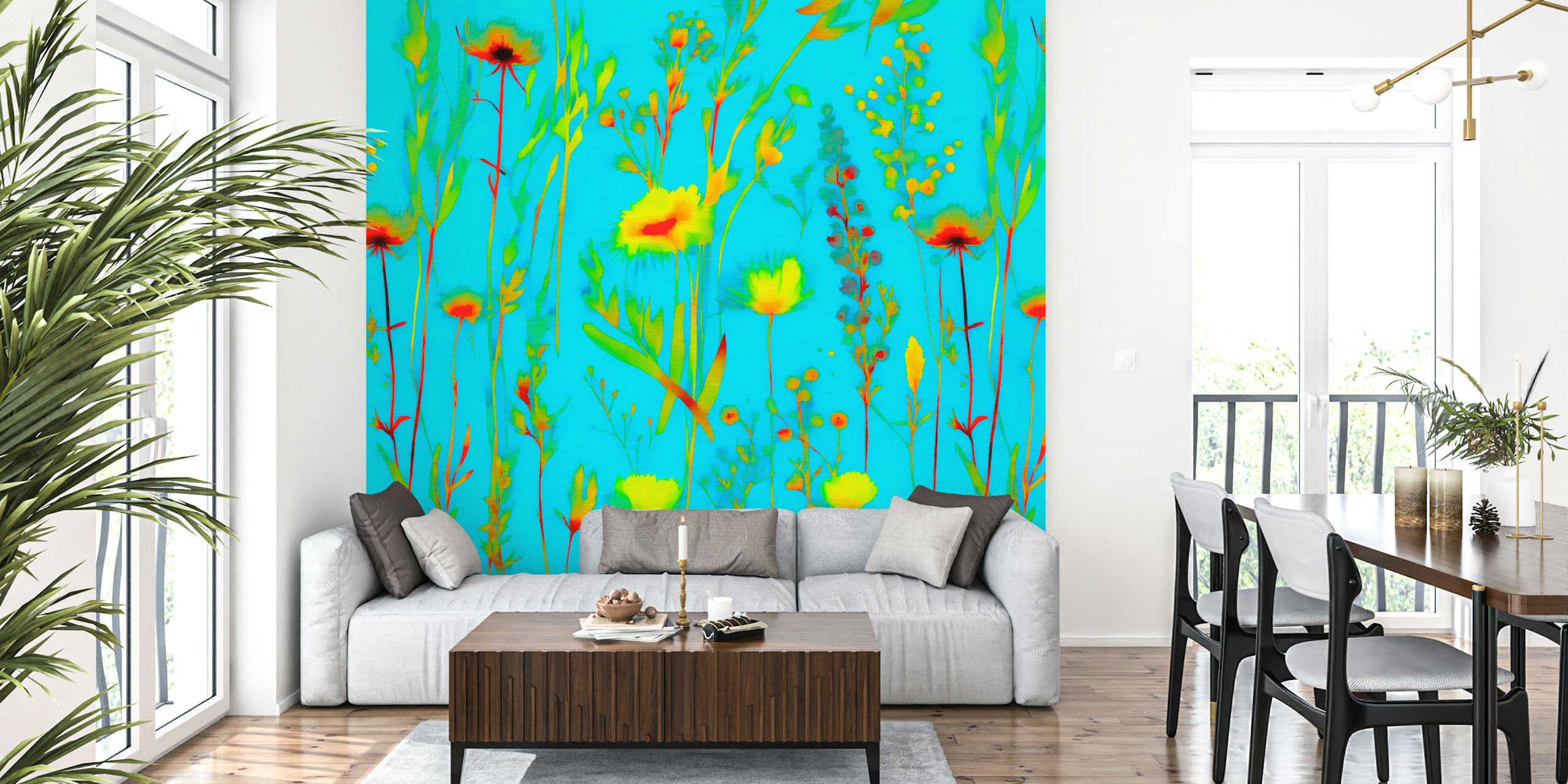 vibrant summer wildflowers wall mural with a neon blue background