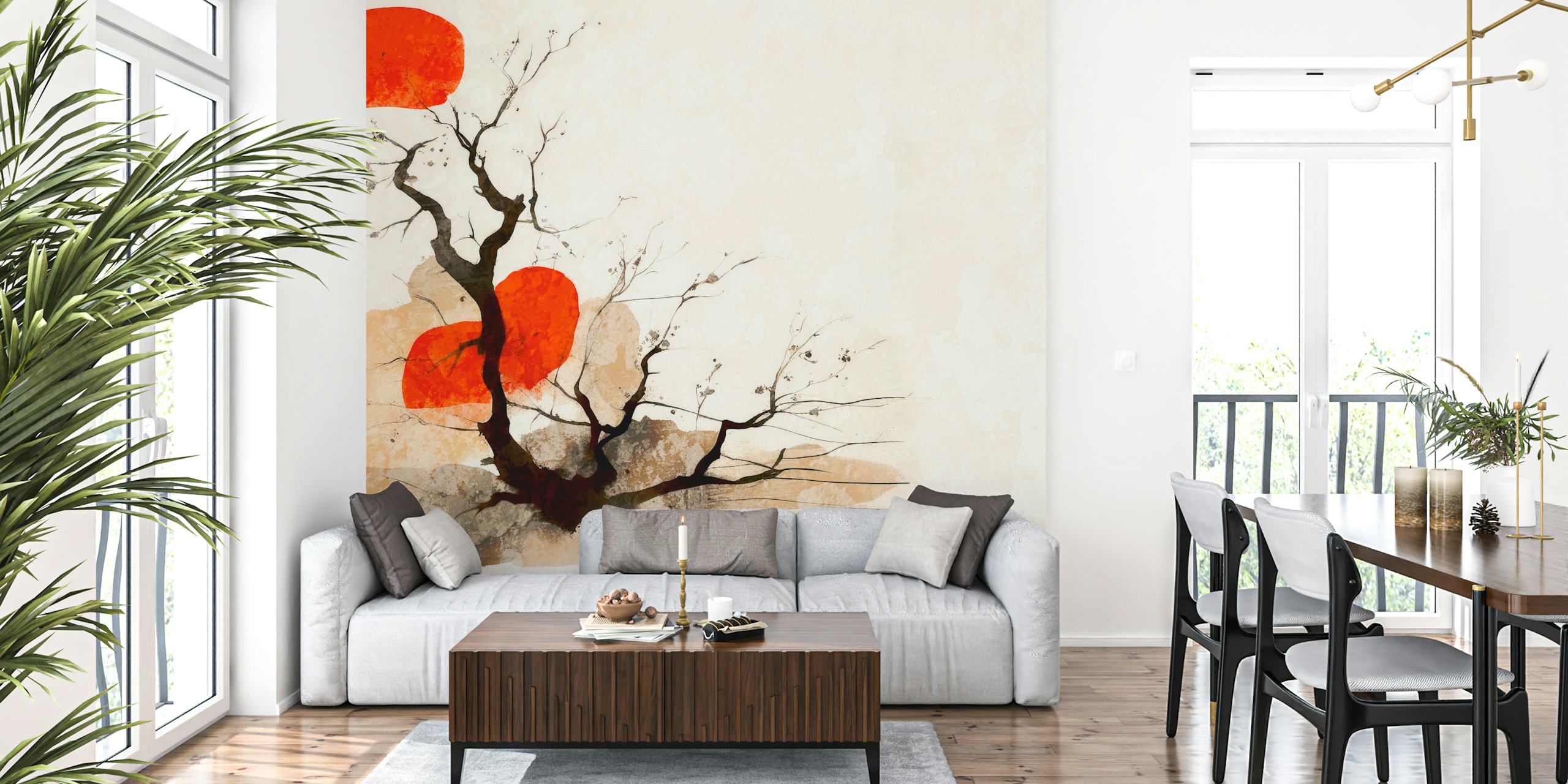 Wabi Sabi forest scene with red and beige tones wallpaper