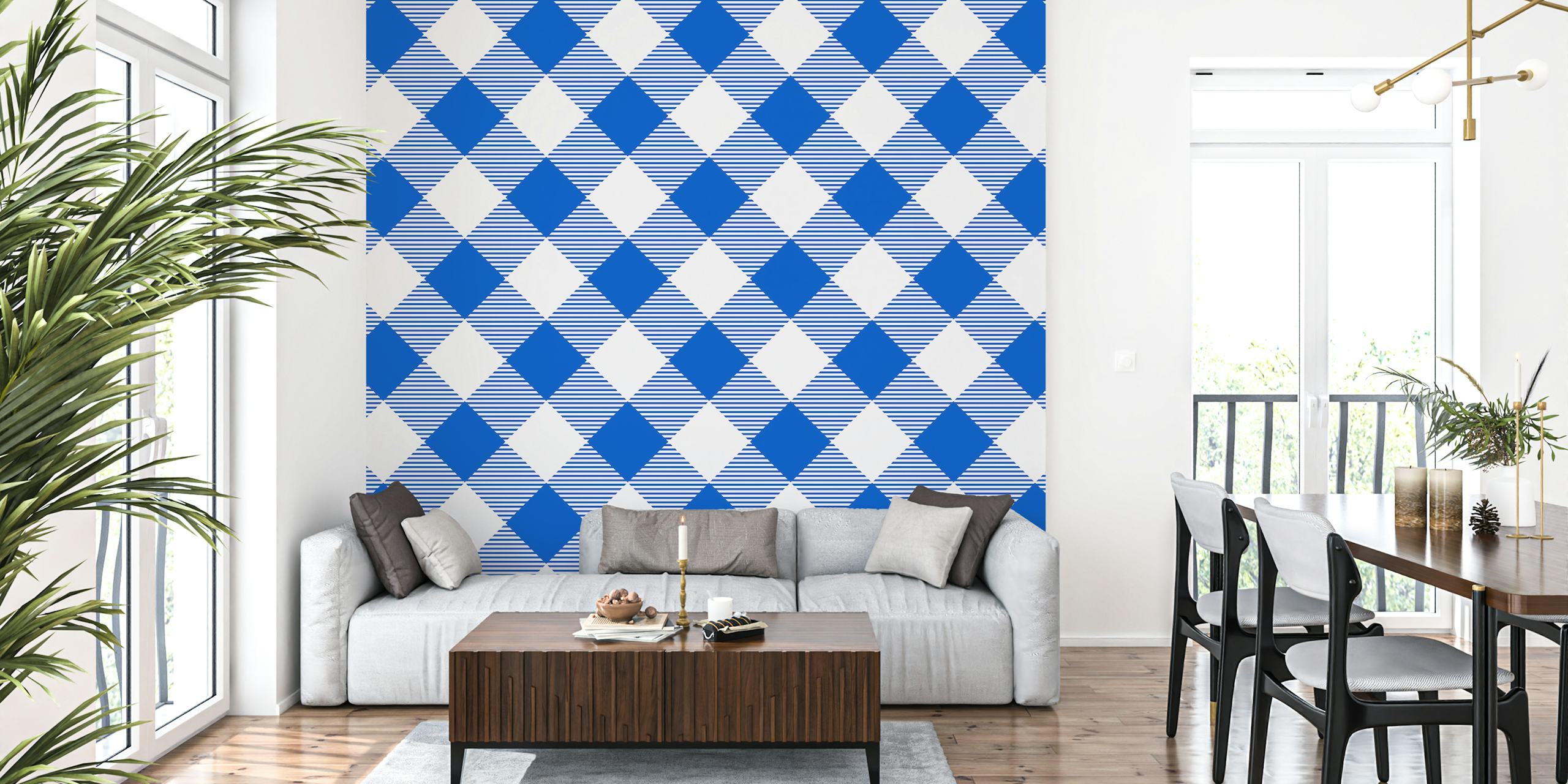 White and azure blue gingham check pattern wall mural