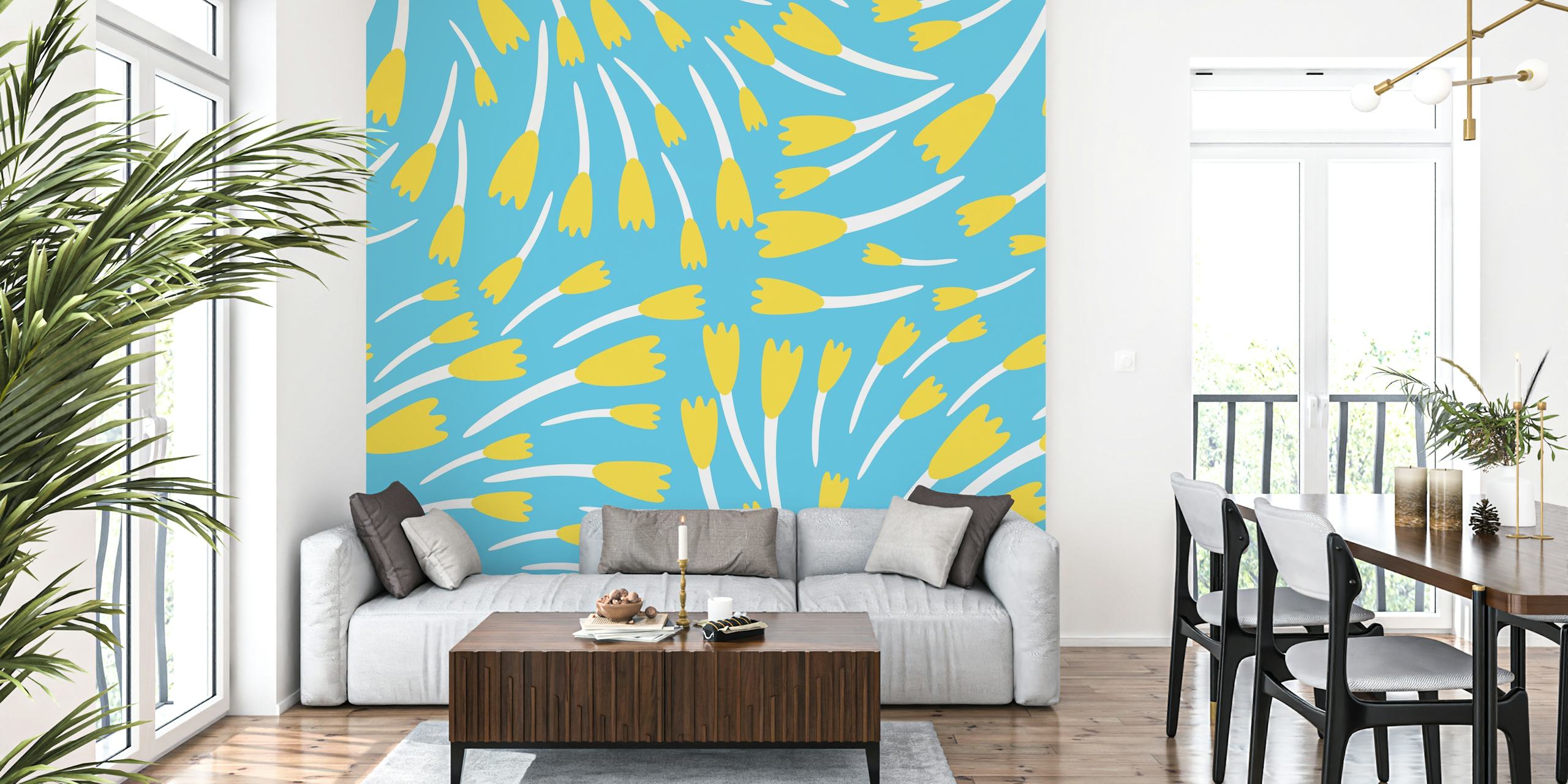 Sky blue ταπετσαρία με yellow tulips σχέδιο