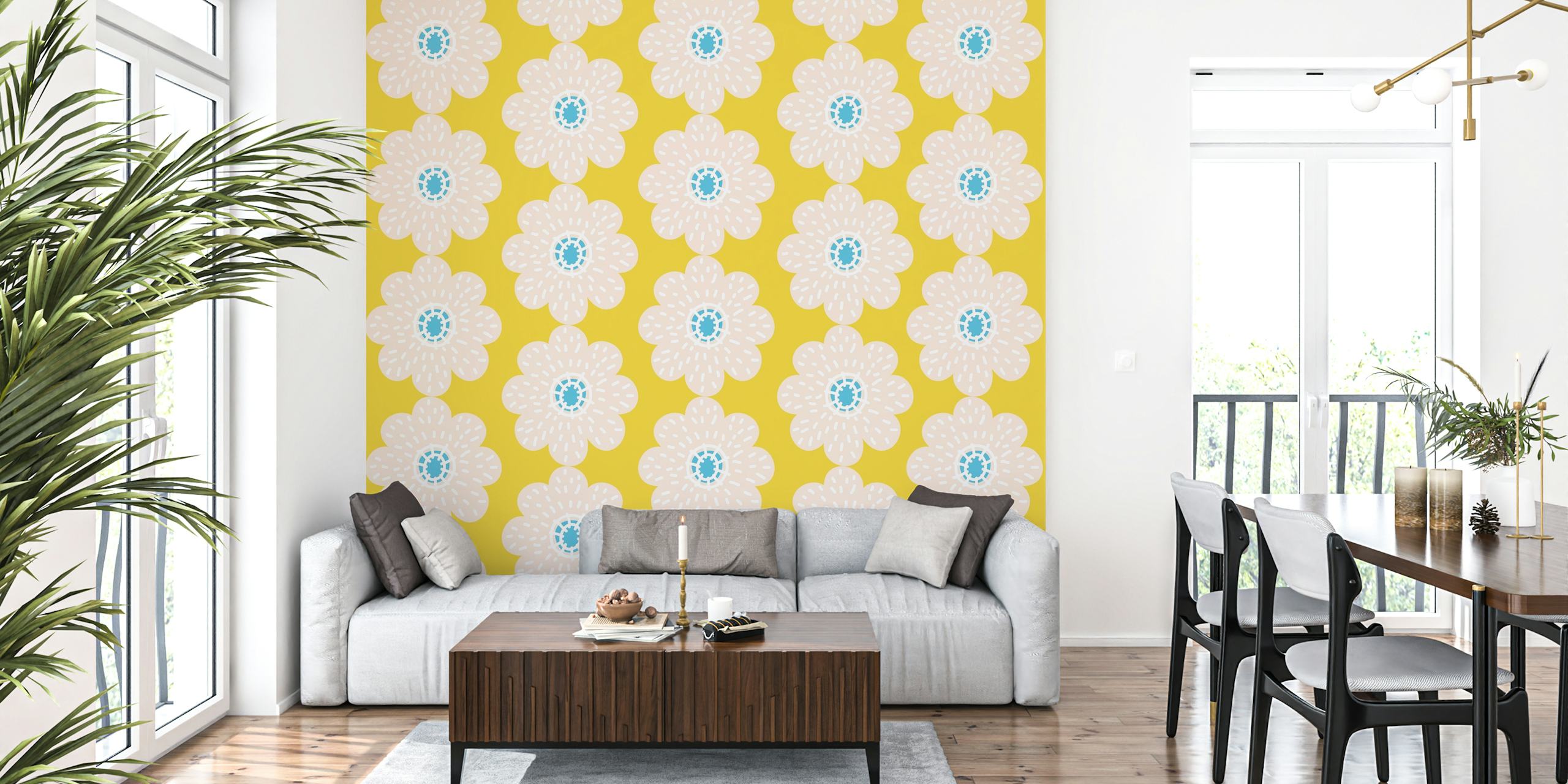Honey yellow floral daisy pattern wallpaper in a room