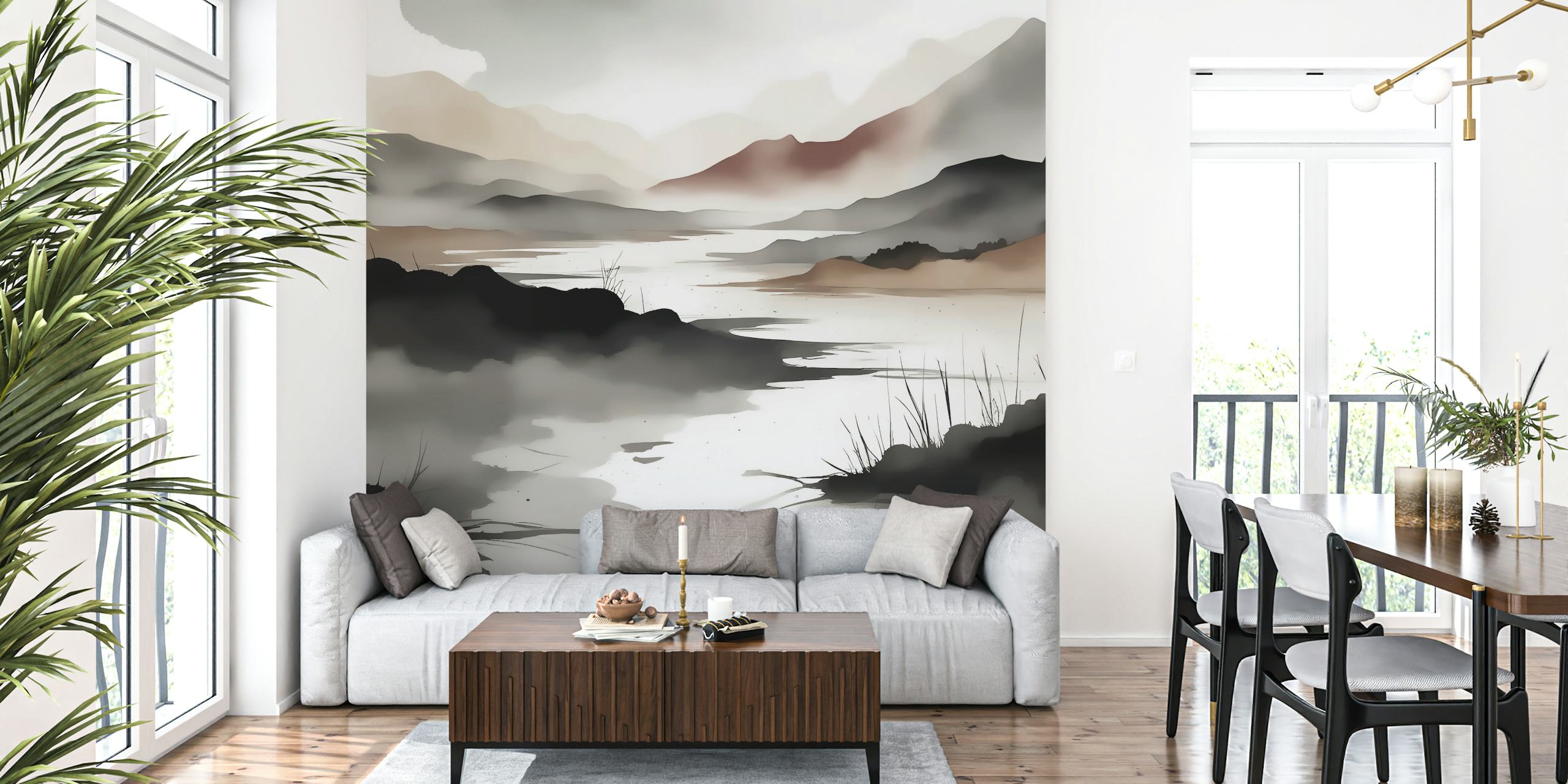 A peaceful Scandinavian-inspired watercolor mural featuring mountains and a lake in muted tones.