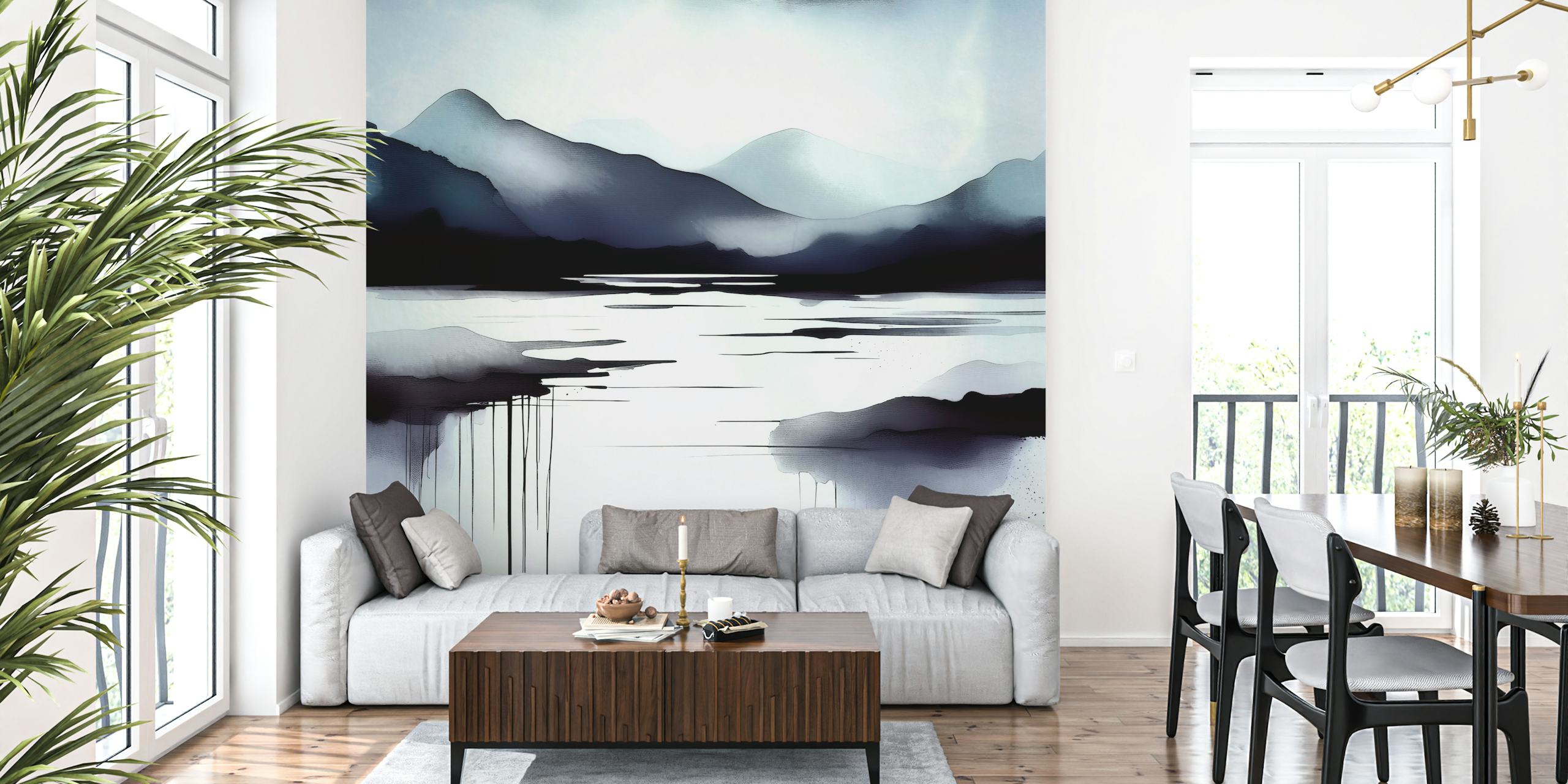 Inky landscape with mountains and reflective water in shades of blue and gray wallpaper
