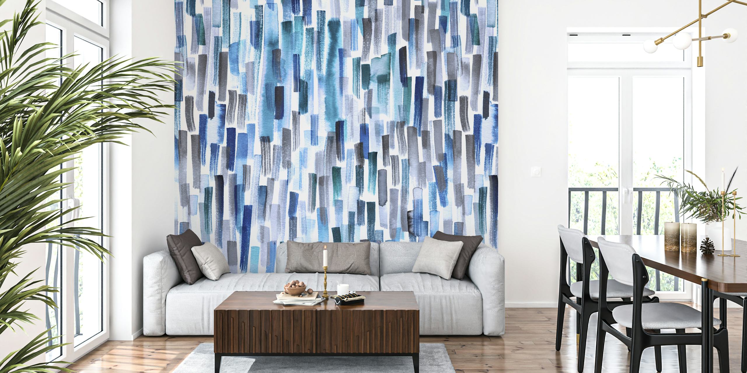 Blue and gray brushstroke patterned wallpaper