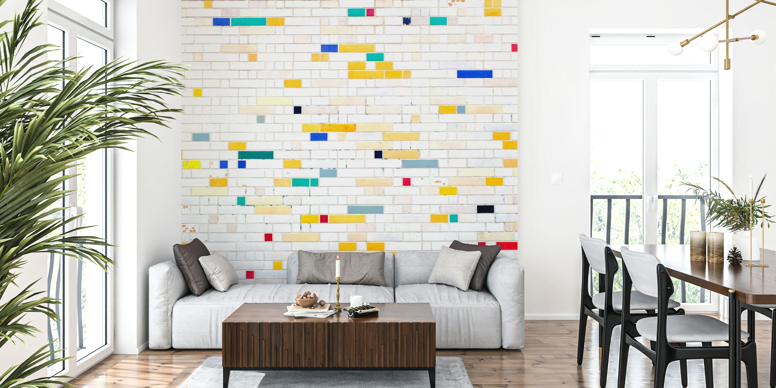 White mosaic wallpaper with colorful square accents in blue, red, yellow, and green.