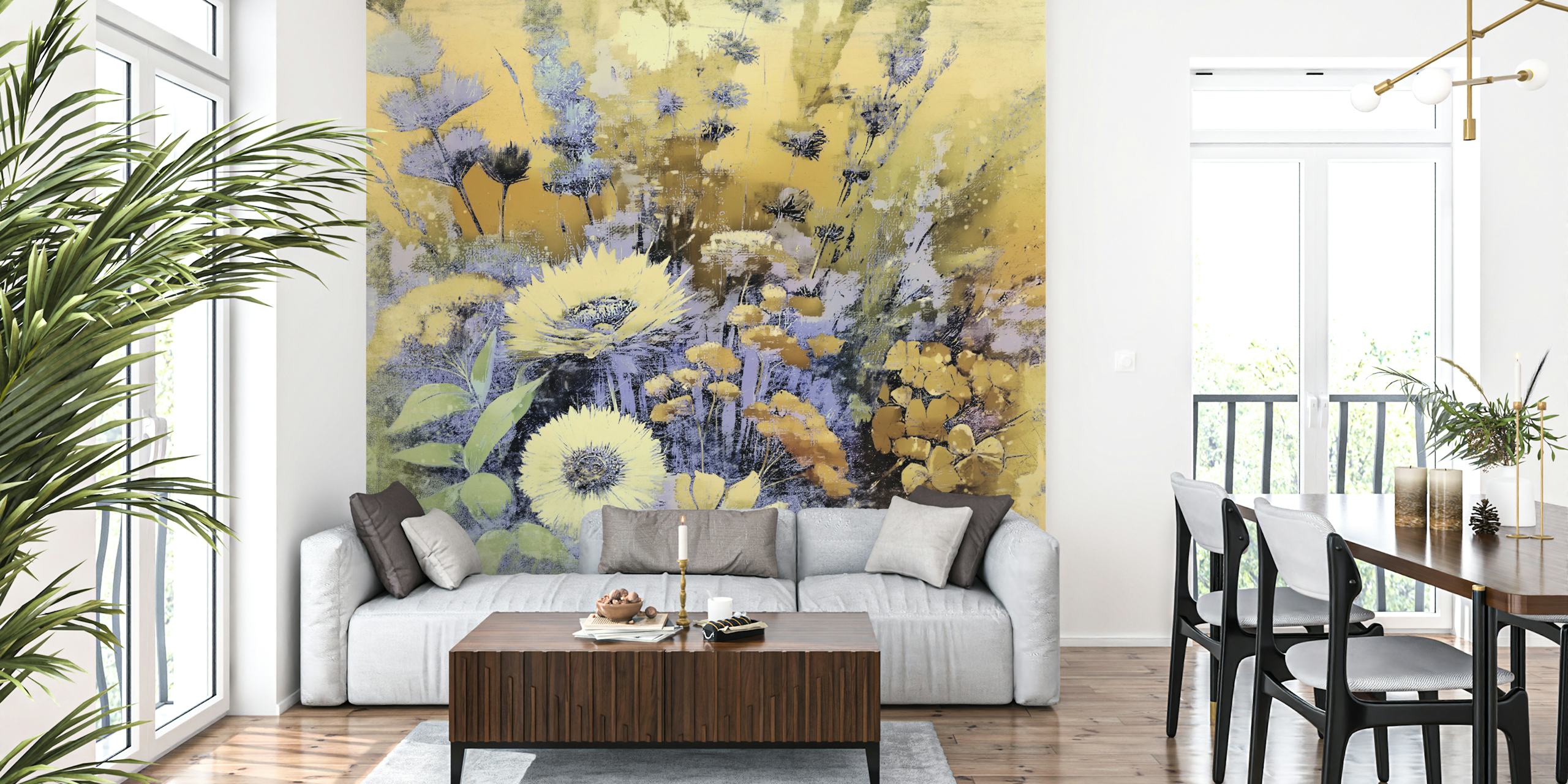 Yellow floral wallpaper with sunflowers and delicate blooms