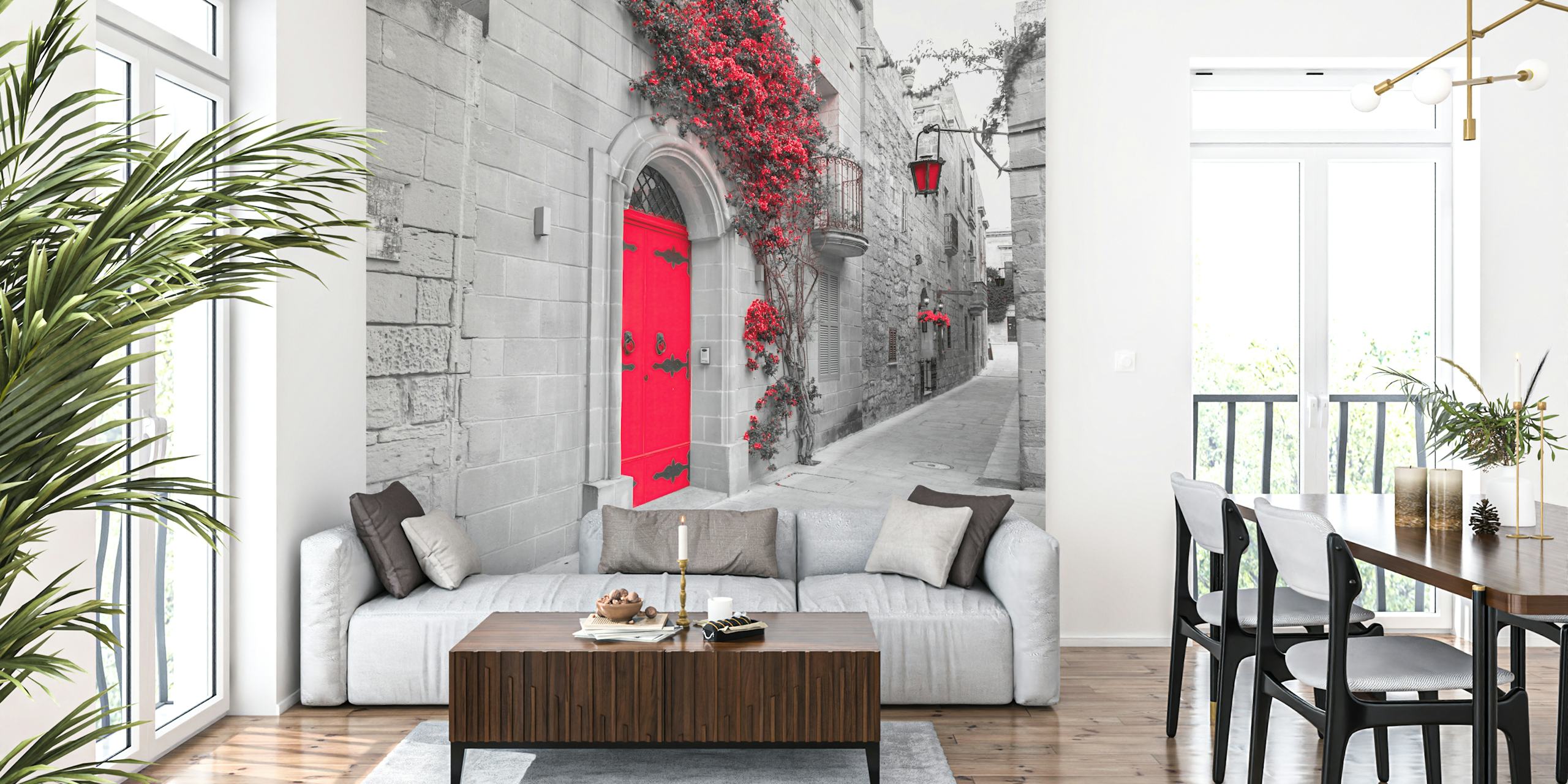 Vintage alley wallpaper featuring a red door and floral accents