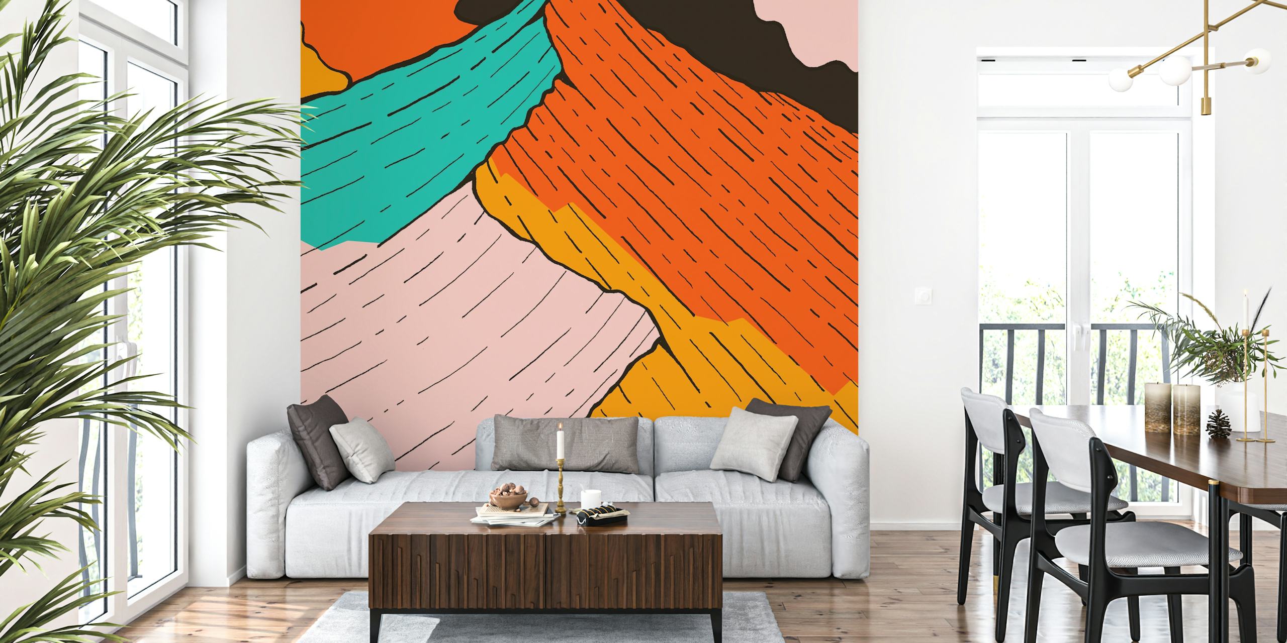Abstract mountain design with orange, teal, and pink colors wallpaper