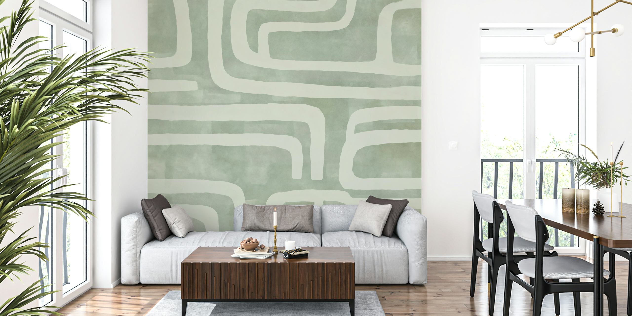 Tribal Shapes Abstract Art Sage Green Tapete in einem Raum.
