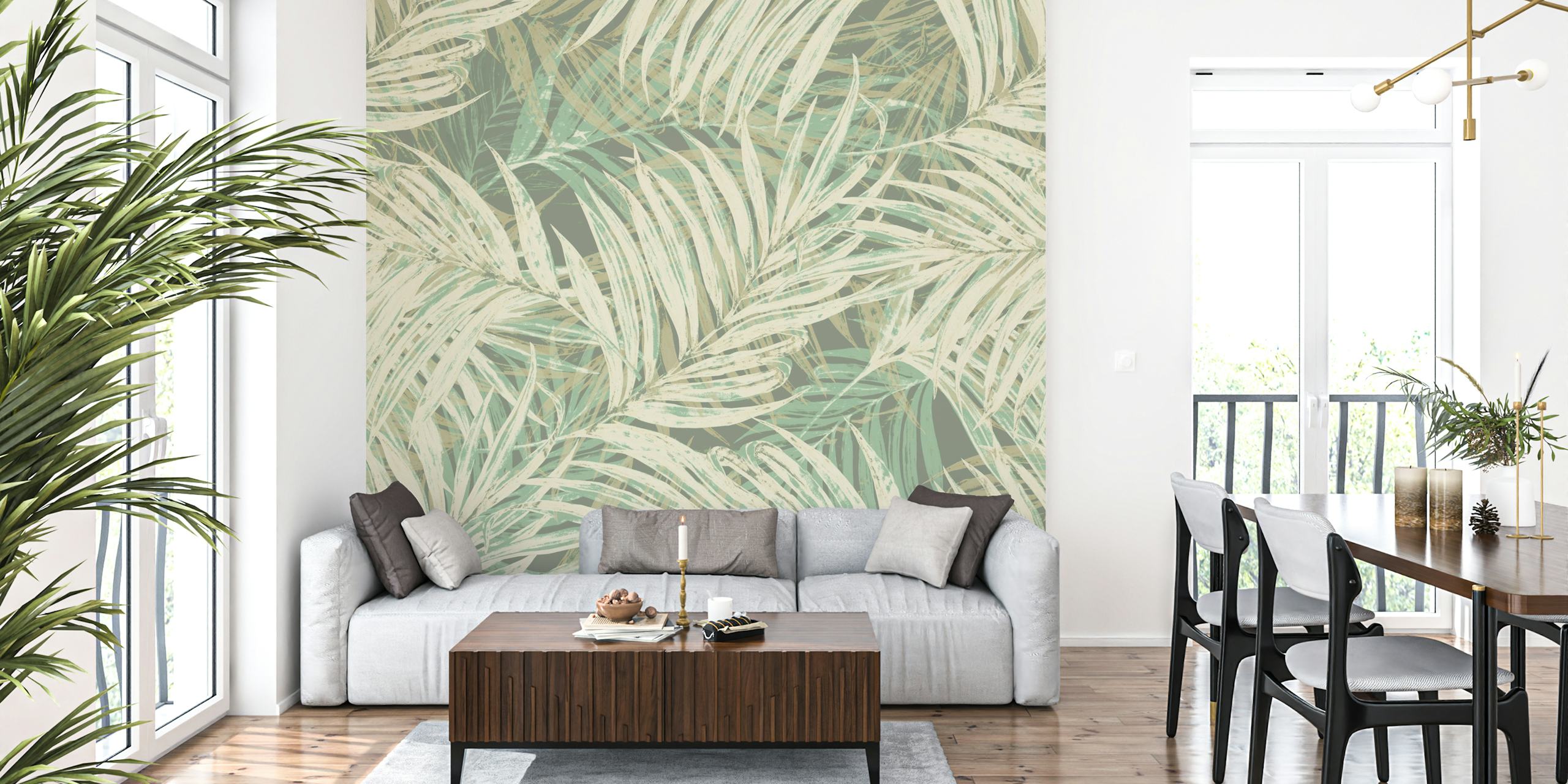 Tropical palm leaves in neutral green and beige wallpaper