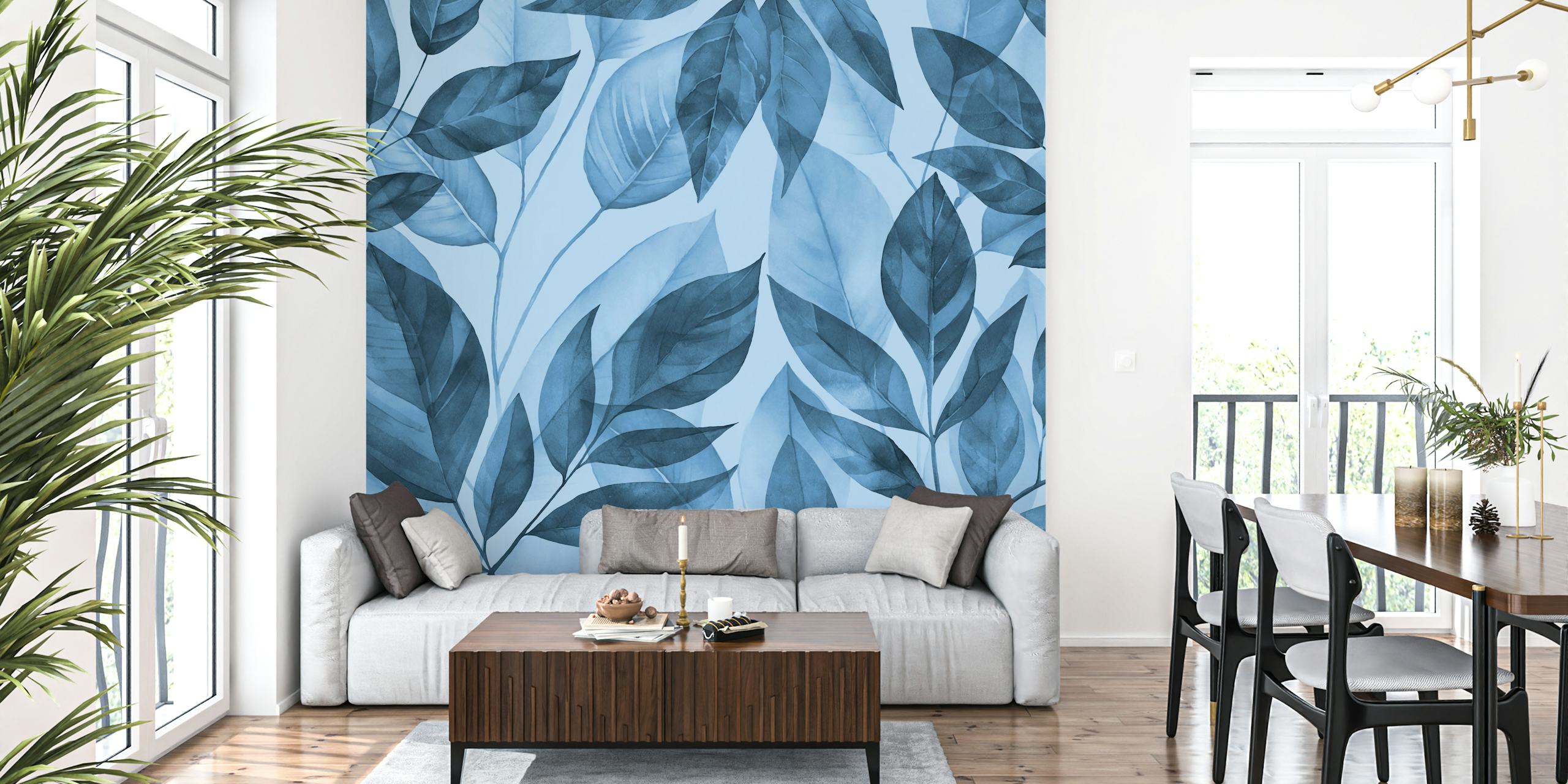 Calm Leaves Navy Blue Foliage behang in een kamer