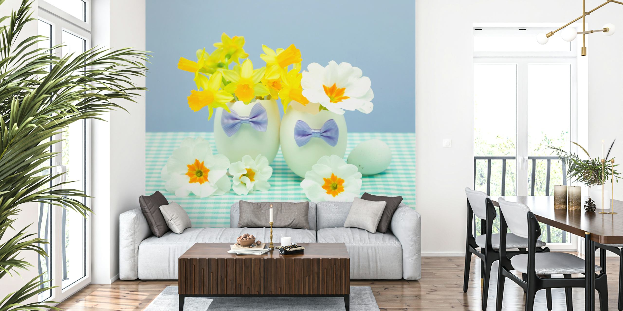 Colorful flower and egg arrangements on pastel wallpaper
