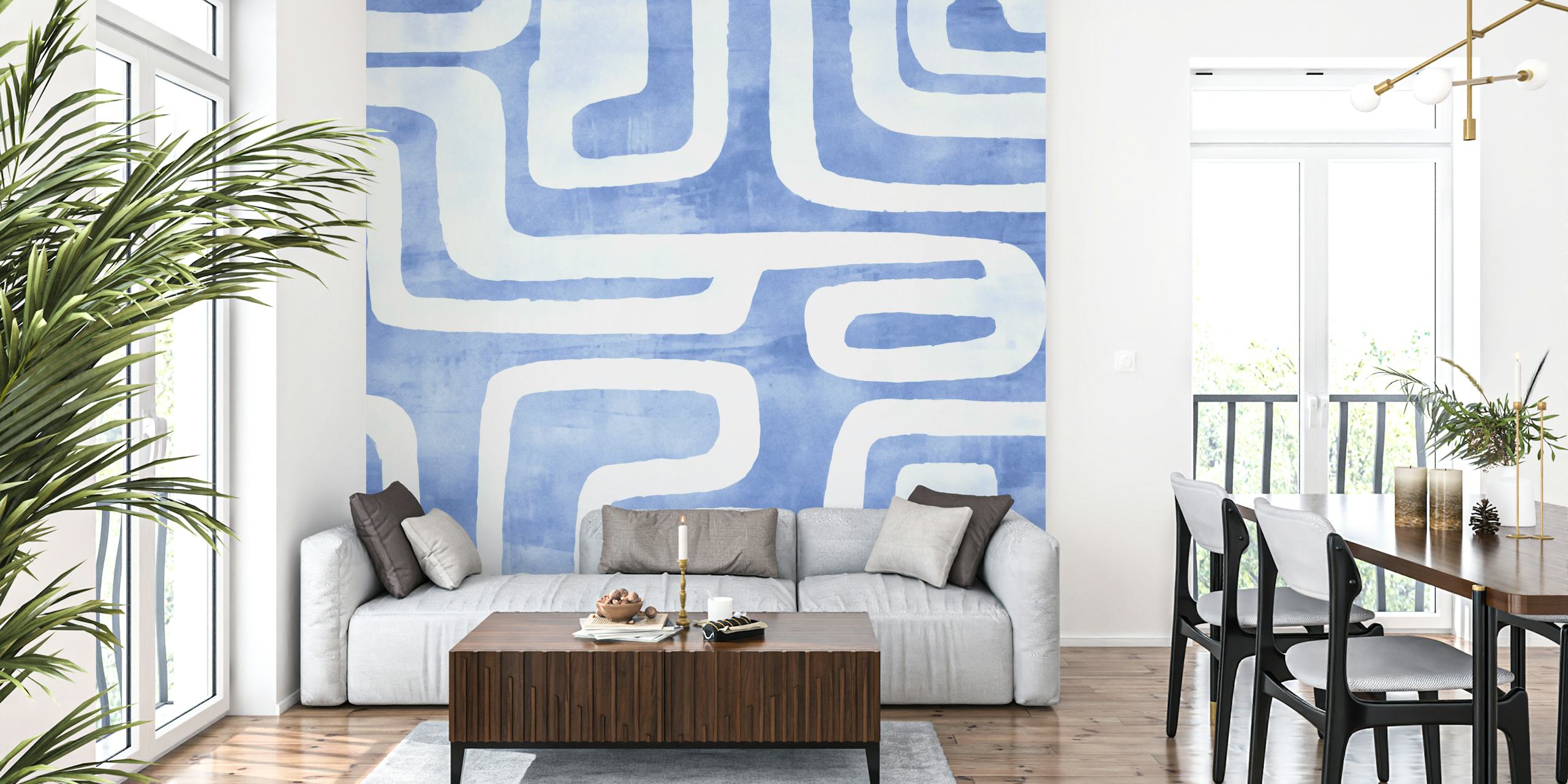 Denim blå och vita tribal-inspirerade abstrakta former väggmålning