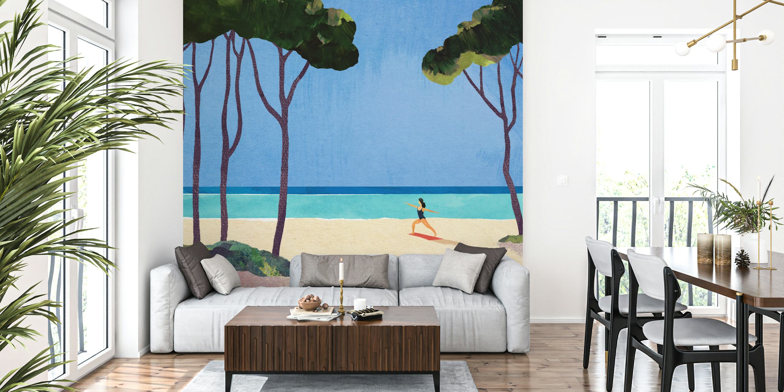 Woman practicing yoga on the beach with trees and ocean, colorful wallpaper